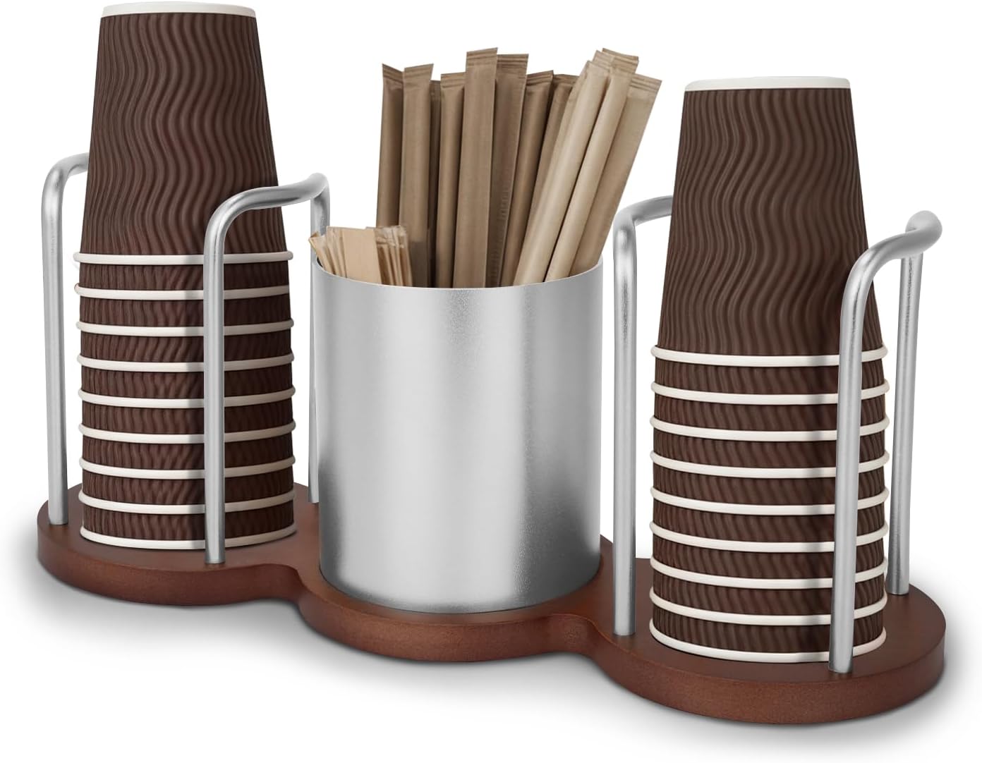 Walnut Coffee Bar Organizer - Dual Disposable Cup Dispenser for 3oz-9oz, 3-in-1 Paper Cup Holder & Storage Caddy for Office Breakroom, Kitchen Countertop & Bathroom (Silver)