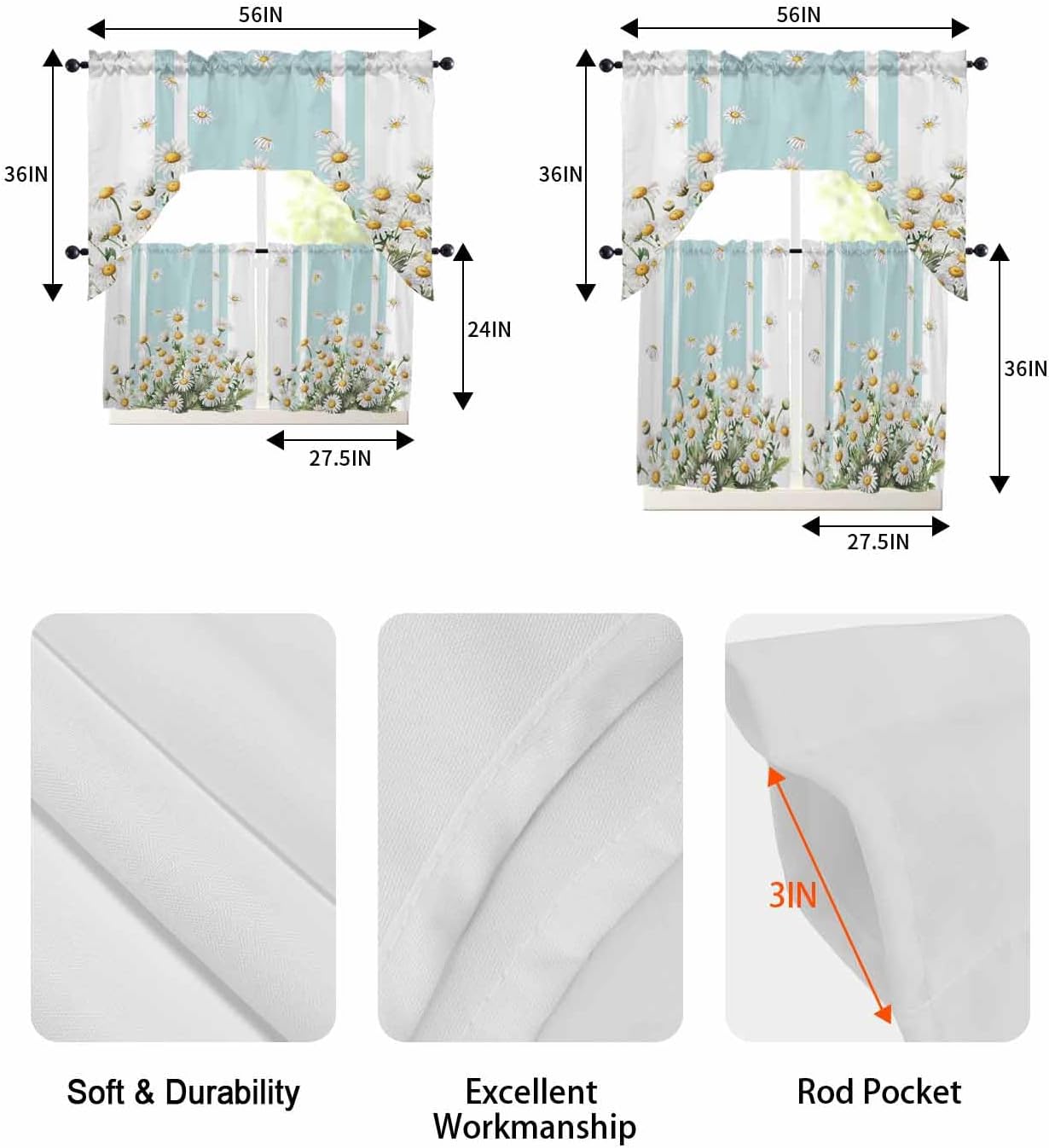 Stripes Flower Swag Kitchen Curtain Sets with Valance,3 Pieces Rod Pocket Curtain Drapes for Bedroom Living Room Bathroom Cafe Windows,Modern Geometric Floral Leaves Blue 56''x36''&36''x27.5''x2Panels