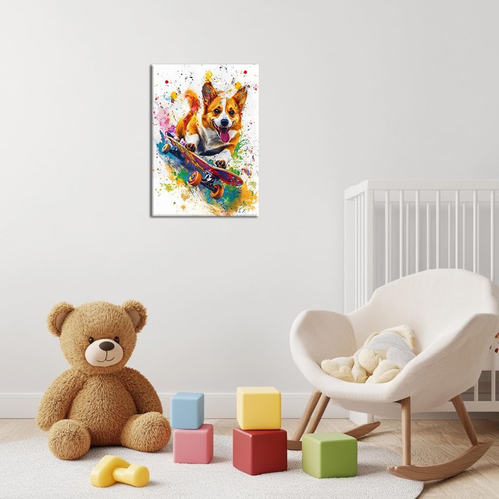 Axglnumber Corgi Wall Art Dog Play Skateboard Wall Decor Prints Framed Dog Wall Art Colorful Pictures Painting Poster 12x18 inches