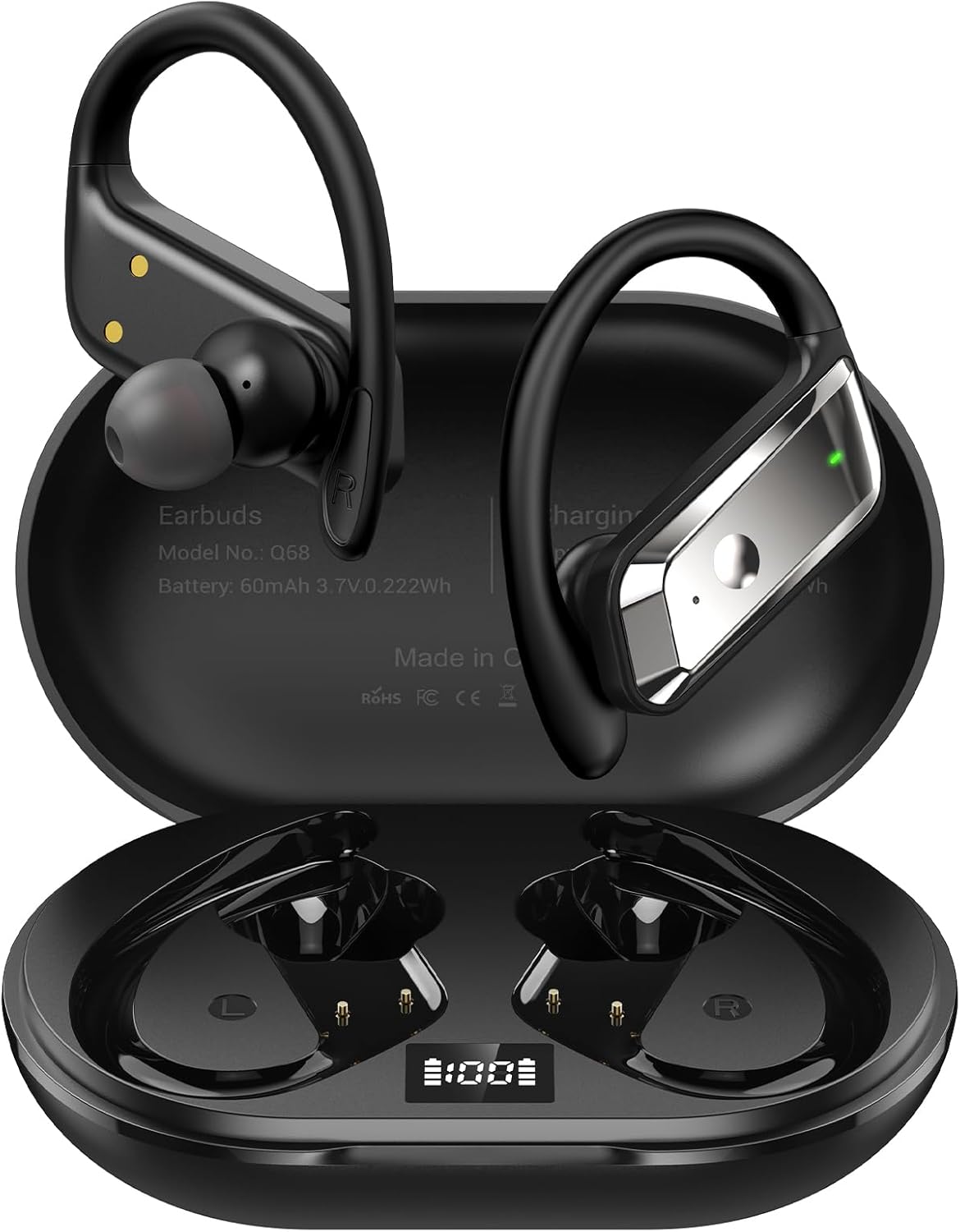 Wireless Earbuds Bluetooth 5.4 Headphones 53H Playtime Sport Earphones with LED Display,Over-Ear Buds Built in Mic in Ear Waterproof Headset for Workout Running Gaming – Black