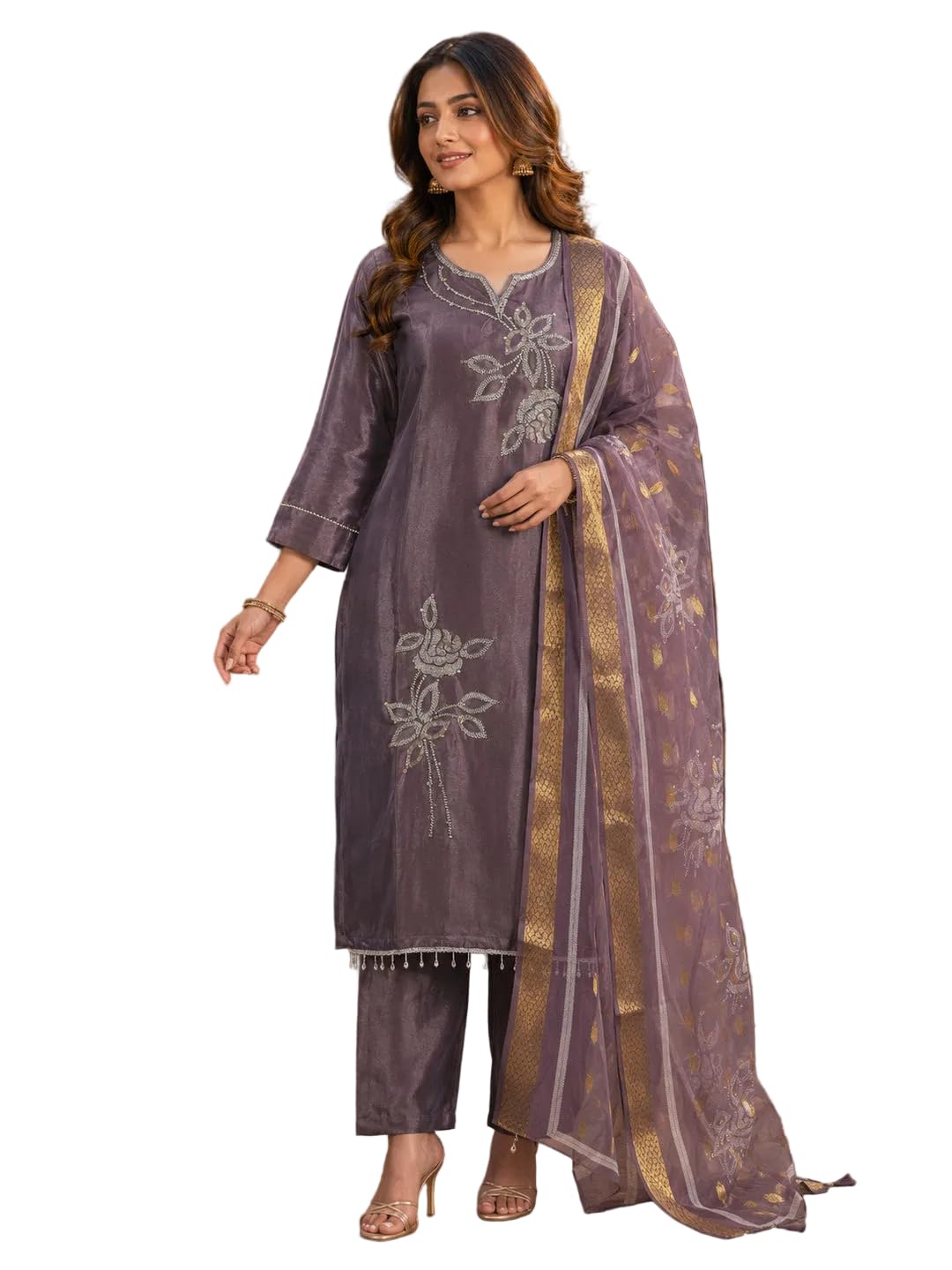 berrylicious Women Lavender tissue shimmer Hand & sequinned Embroidered Kurta with pant & Dupatta-picture-20