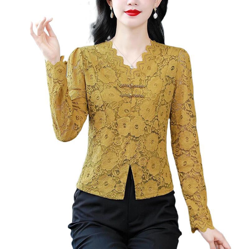 Blusa de encaje para mujer, estilo chino, de manga larga, con aberturas, estilo casual