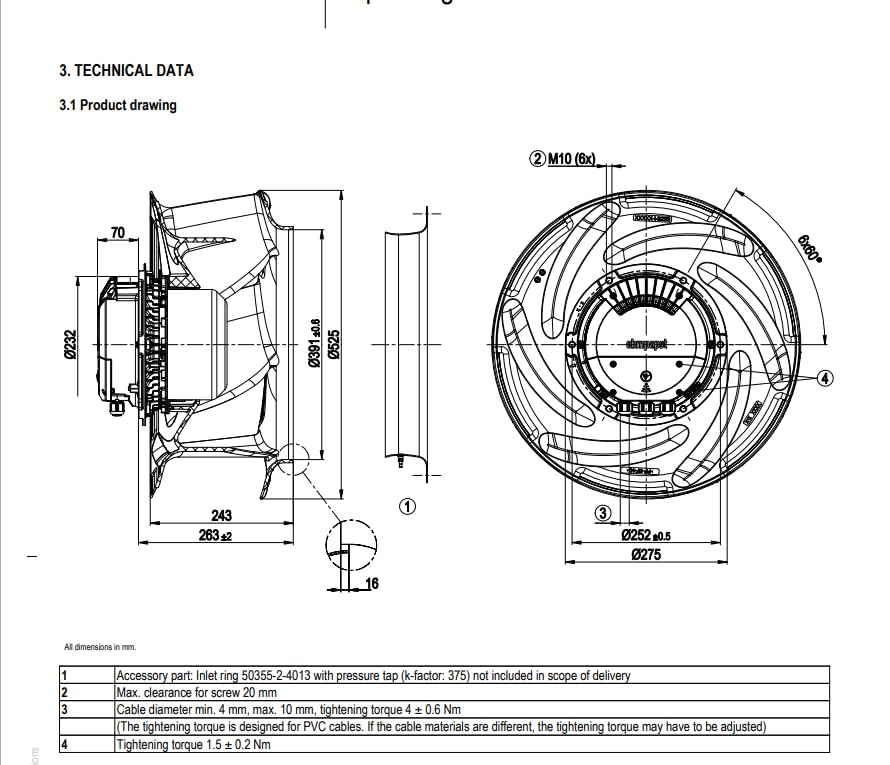 Technical drawing of the Ebm Papst R3G500-FA28-03 fan with dimensions and mounting points.