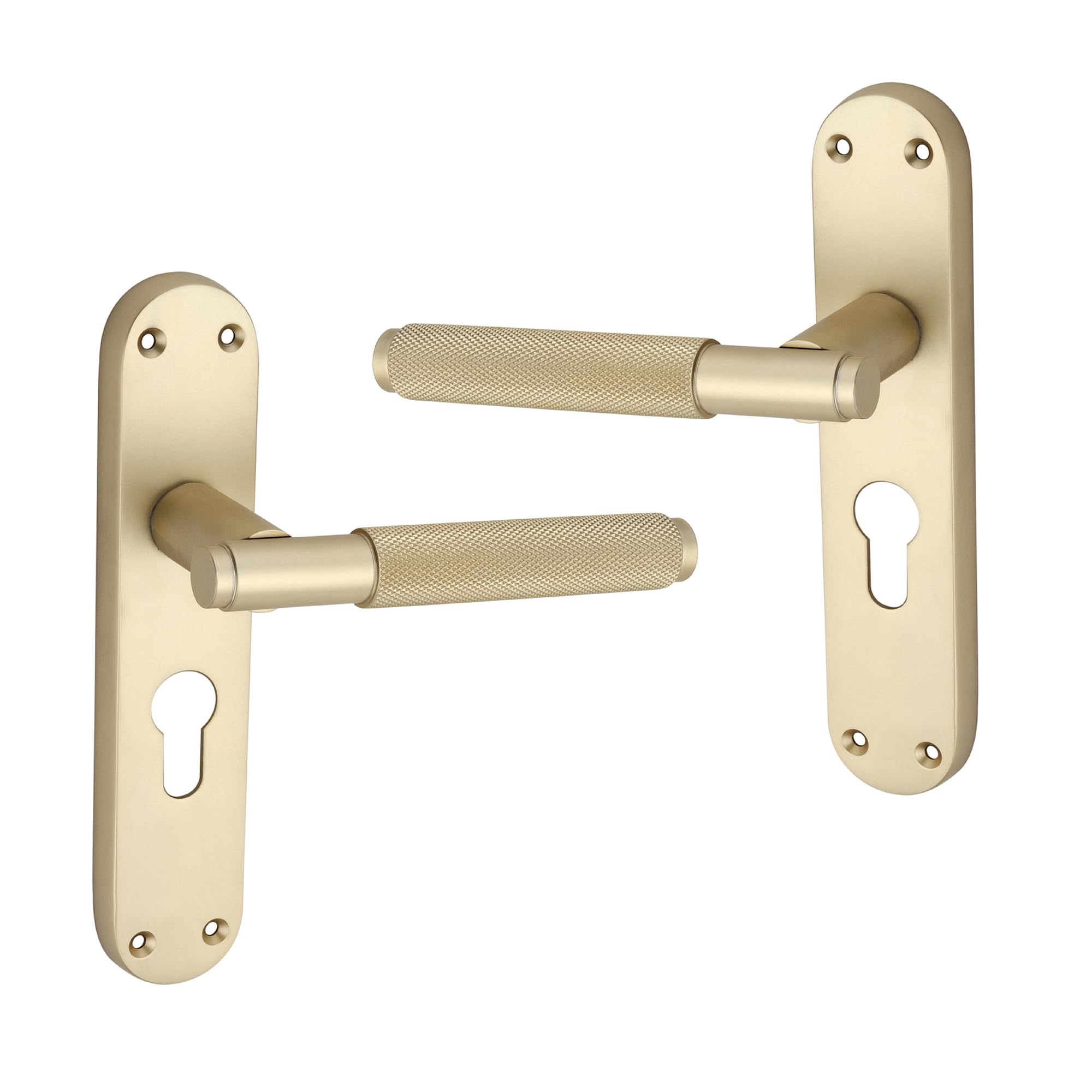 Infinity Decor Satin Brass Pair Of Euro Knurled Lever On Backplate Key Lock Door Handles Set - For Interior & Exterior Door
