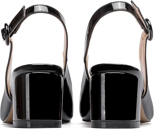 Miniatura 4 de WAYDERNS Zapatos de tacón bajo grueso con hebilla rectangular de metal dorado para mujer, correa de tobillo y punta cuadrada, 2 pulgadas