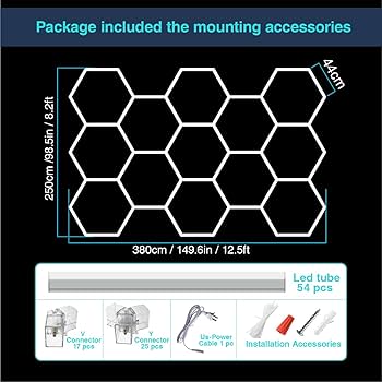 cezelux Hexagon LED Lights Garage Light,13 Honeycomb 54packs Tubes