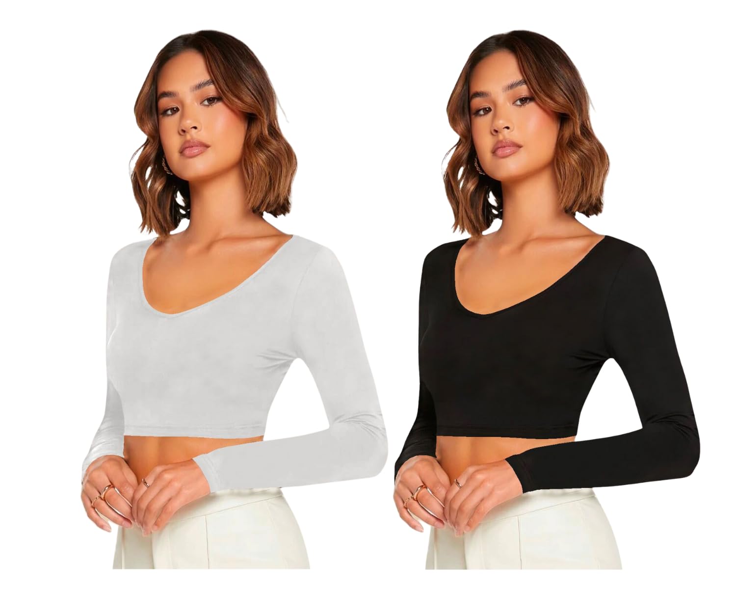 dream beauty fashion Women's V Neck Long Sleeves Stylish Crop Tops 17 Inches - Pack of 2 (Baati White-Combo)-picture-20
