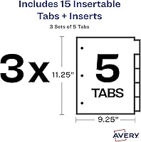 Vista 8 de Avery Separadores para carpetas de 3 anillas, juegos de 5 pestañas, separadores de carpeta de plástico de dos bolsillos con pestañas, multicolor, 3