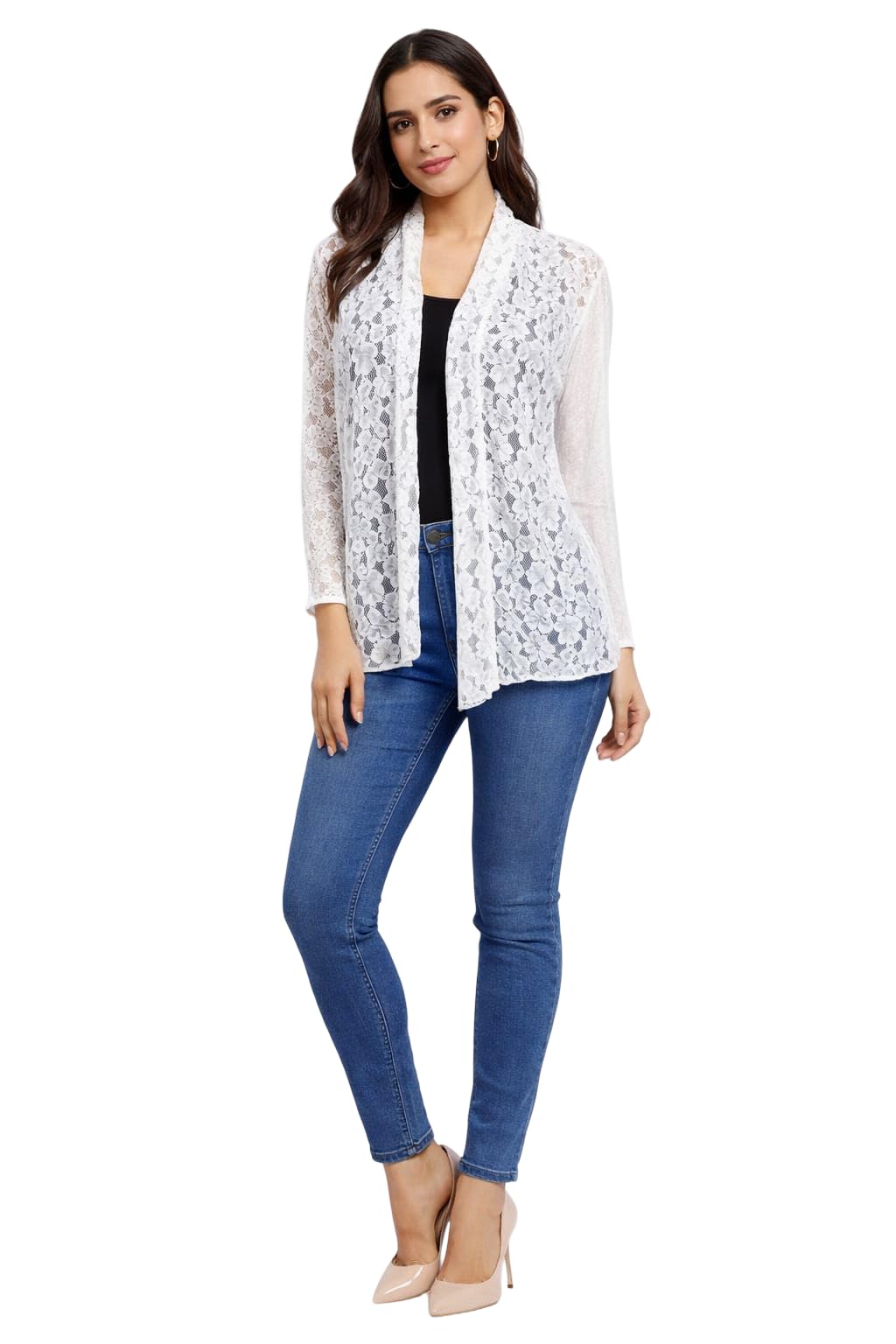 Women Lace Shrug Open Front Cardigan Sheer Floral Cover Up Lightweight Stylish Layer Top White (IN, Alpha, XL, Regular)-image-36