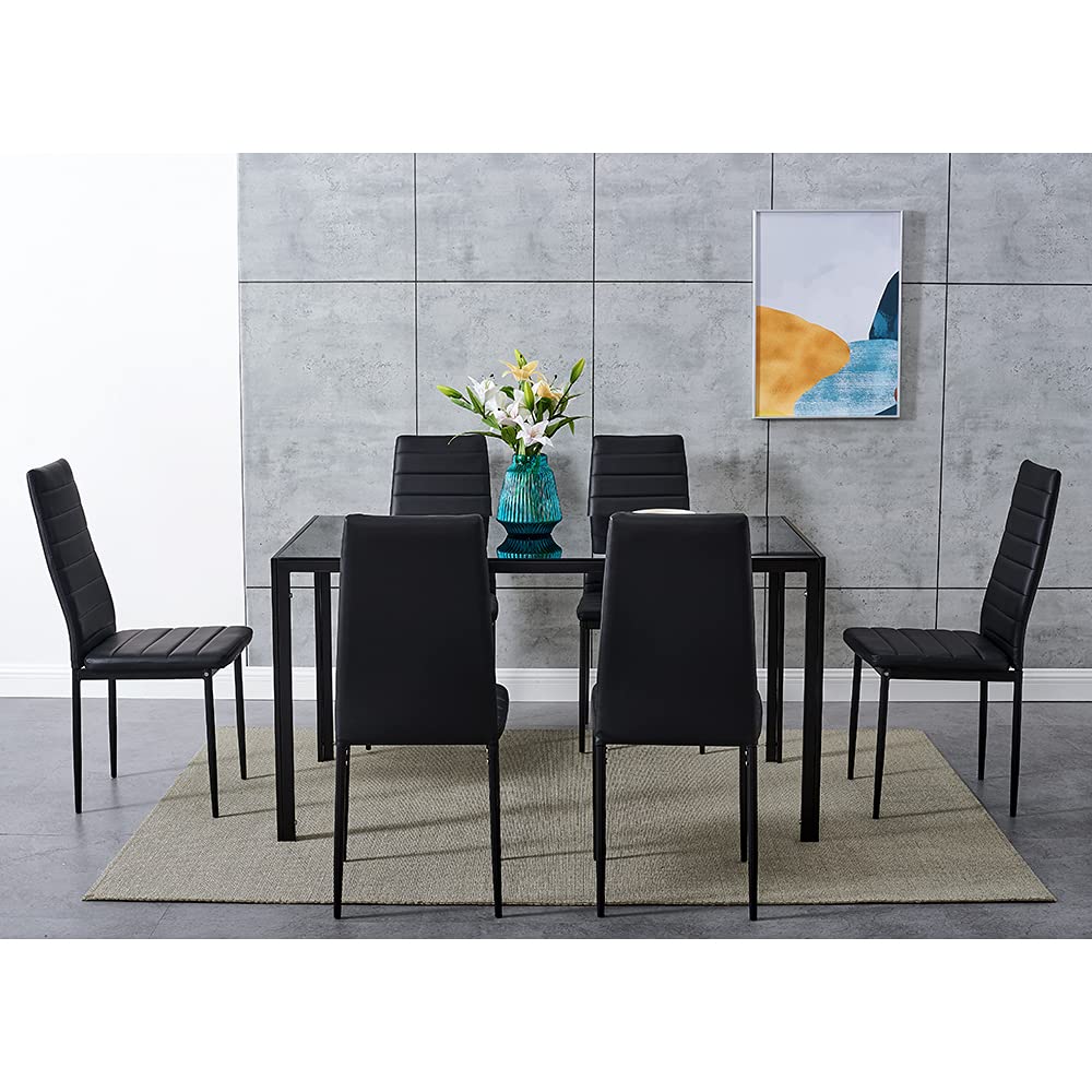 Panana Modern Gorgeous Glass Dinning Table With Faux Leather Chairs Set (140cm Table & 6 Chairs, Black) — image 1