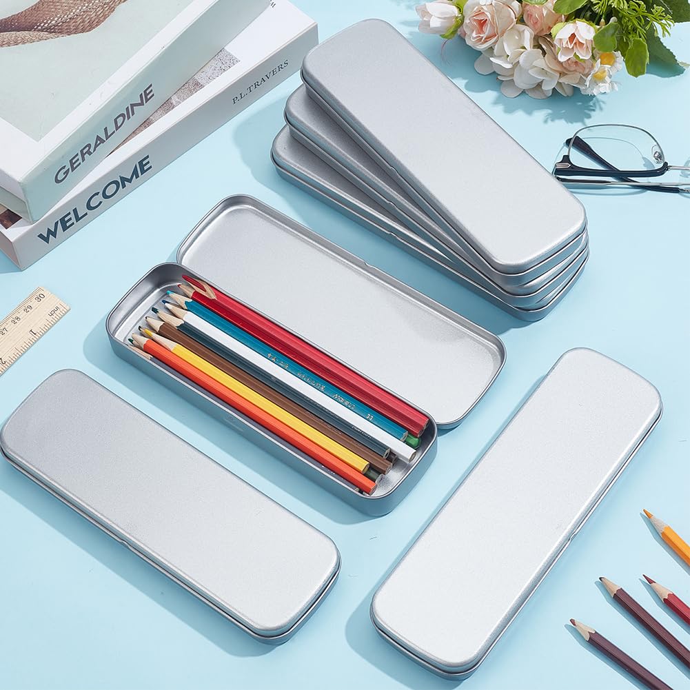FREEBLOSS 10 estuches de estaño plateados con bisagras, caja de metal rectangular con tapa para suministros de oficina escolar, 7.9 x 2.6 x 1 pulgadas