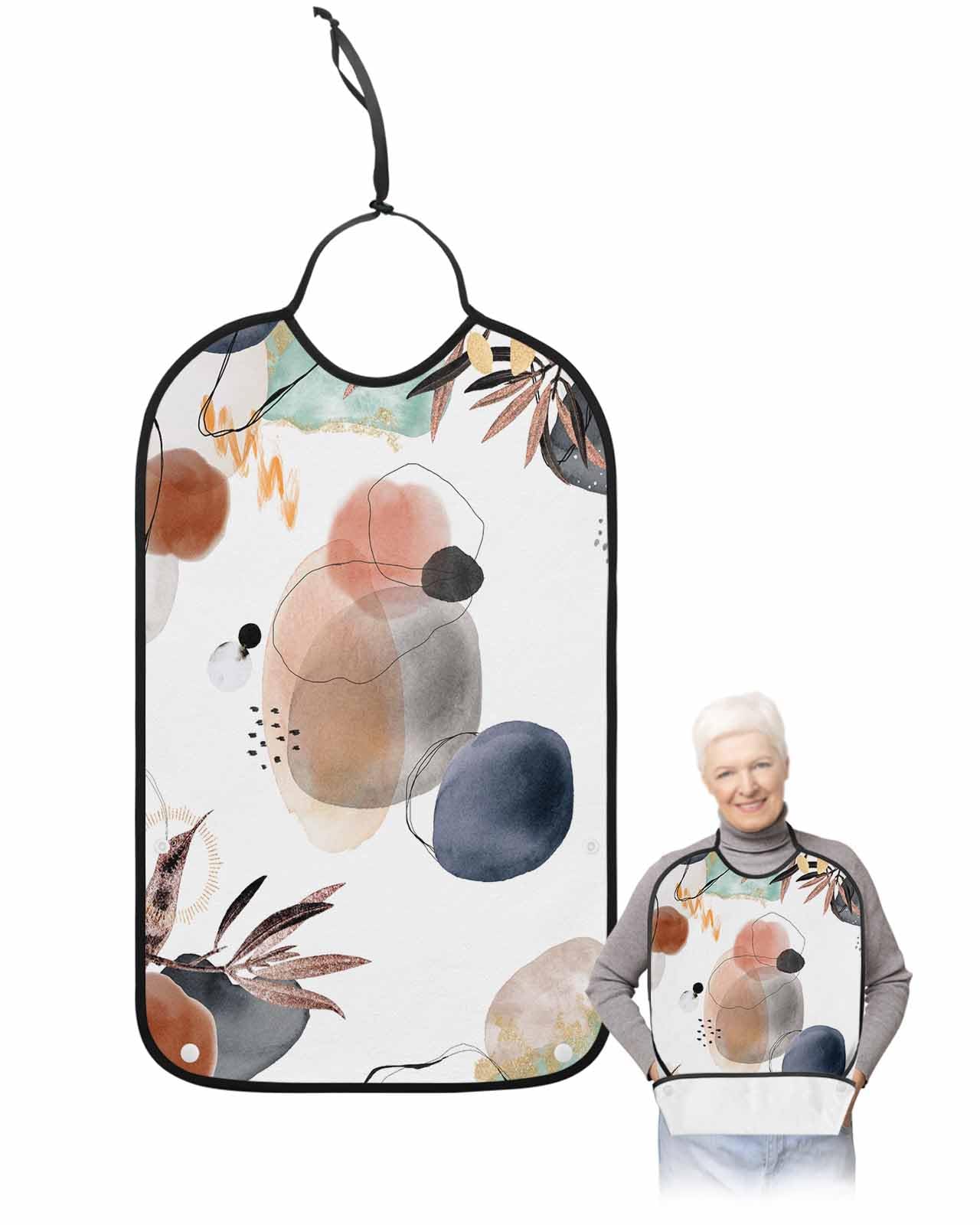 LEOKOTI Middle Century Adult Bibs for Eating, Waterproof Bibs with Food Catcher & Adjustable Snap Closure, Boho Geometric Modern Abstract Art Washable Clothing Protectors Adult Bibs for Elderly