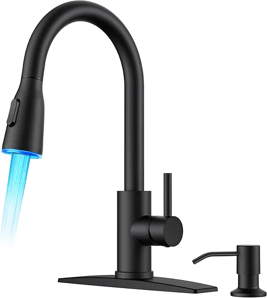 FORIOUS LED Kitchen Faucet with Soap Dispenser and Pull Down Sprayer, Matte Black High Arc Single Handle 3 Modes Stainless Steel Bar Faucet for Kitchen Sink RV Laundry Camper