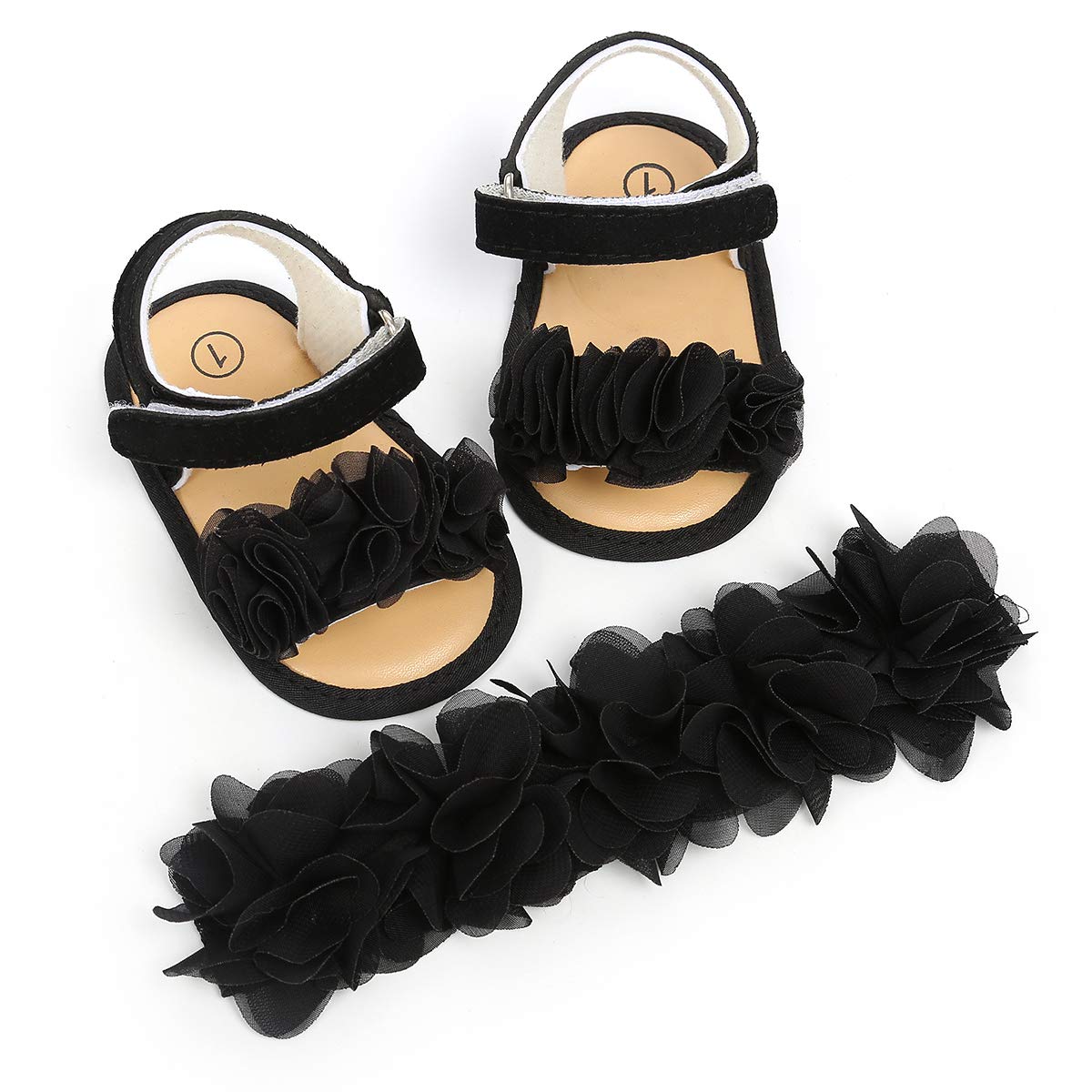 Ohwawadi Baby Girl Black Sandals Floral Princess Mary Jane Wedding Party Dress Shoes with Floral Headband Soft Summer Infant Newborn Crib Shoes