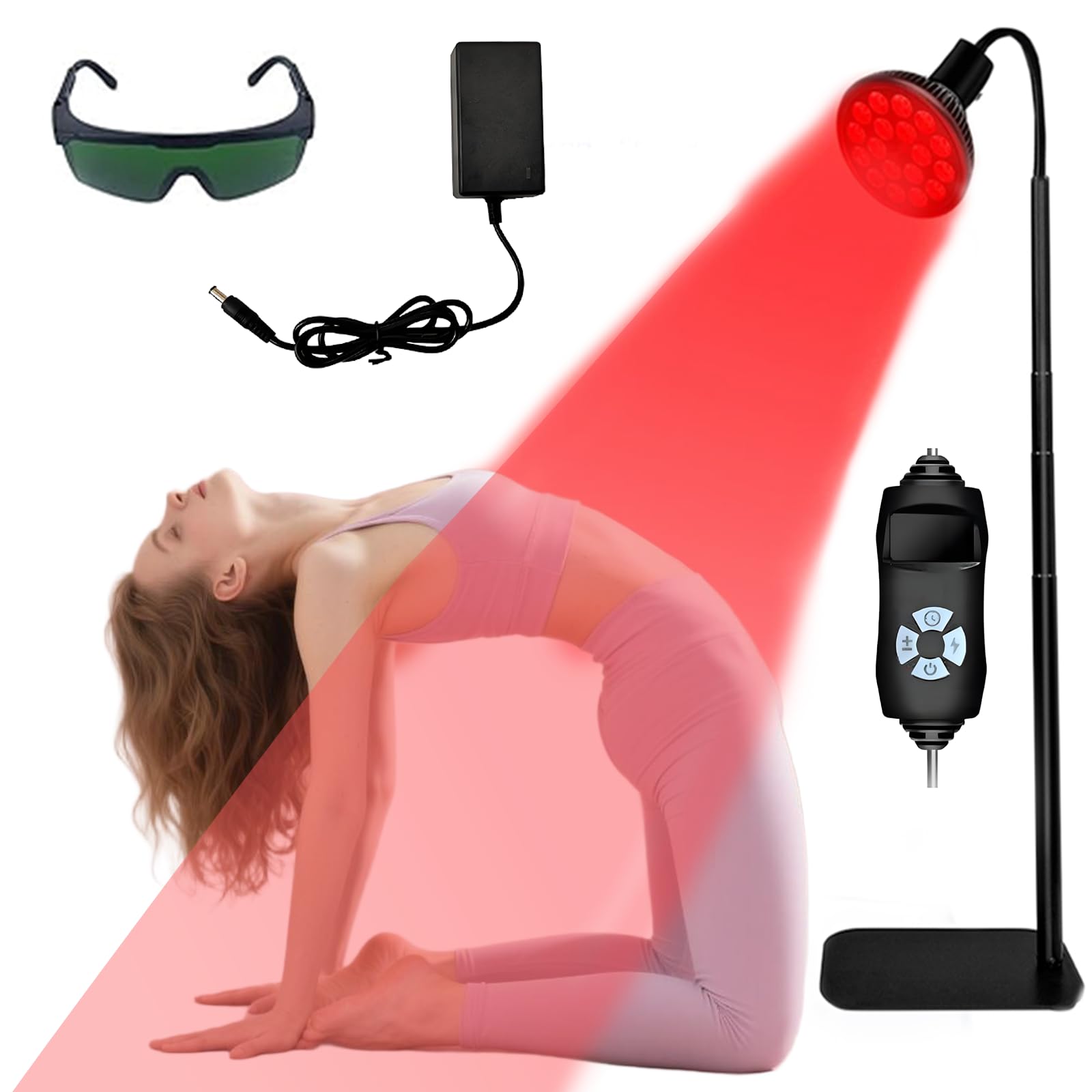 Lampe de luminothérapie rouge infrarouge 660 nm et 850 nm avec support et angles réglables pour le visage et le corps – 54 W, 18 LED, minuterie de 5 à 30 minutes, 5 niveaux de luminosité avec lunettes