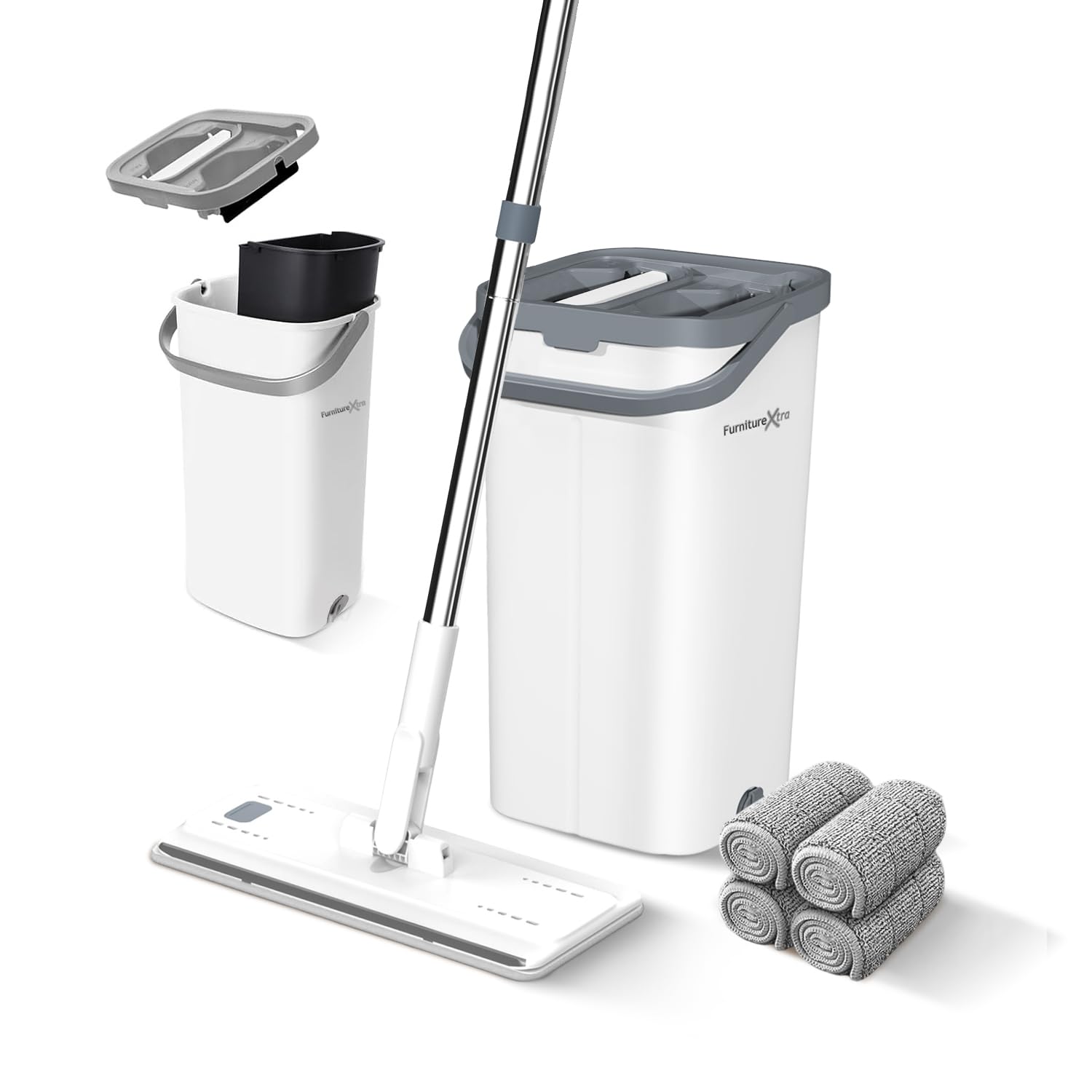 FurnitureXtraMop and Bucket Set. Microfibre Flat Mop for Wet & Dry with Stainless Steel Handle, Twin Chamber Bucket Suitable for All Floor