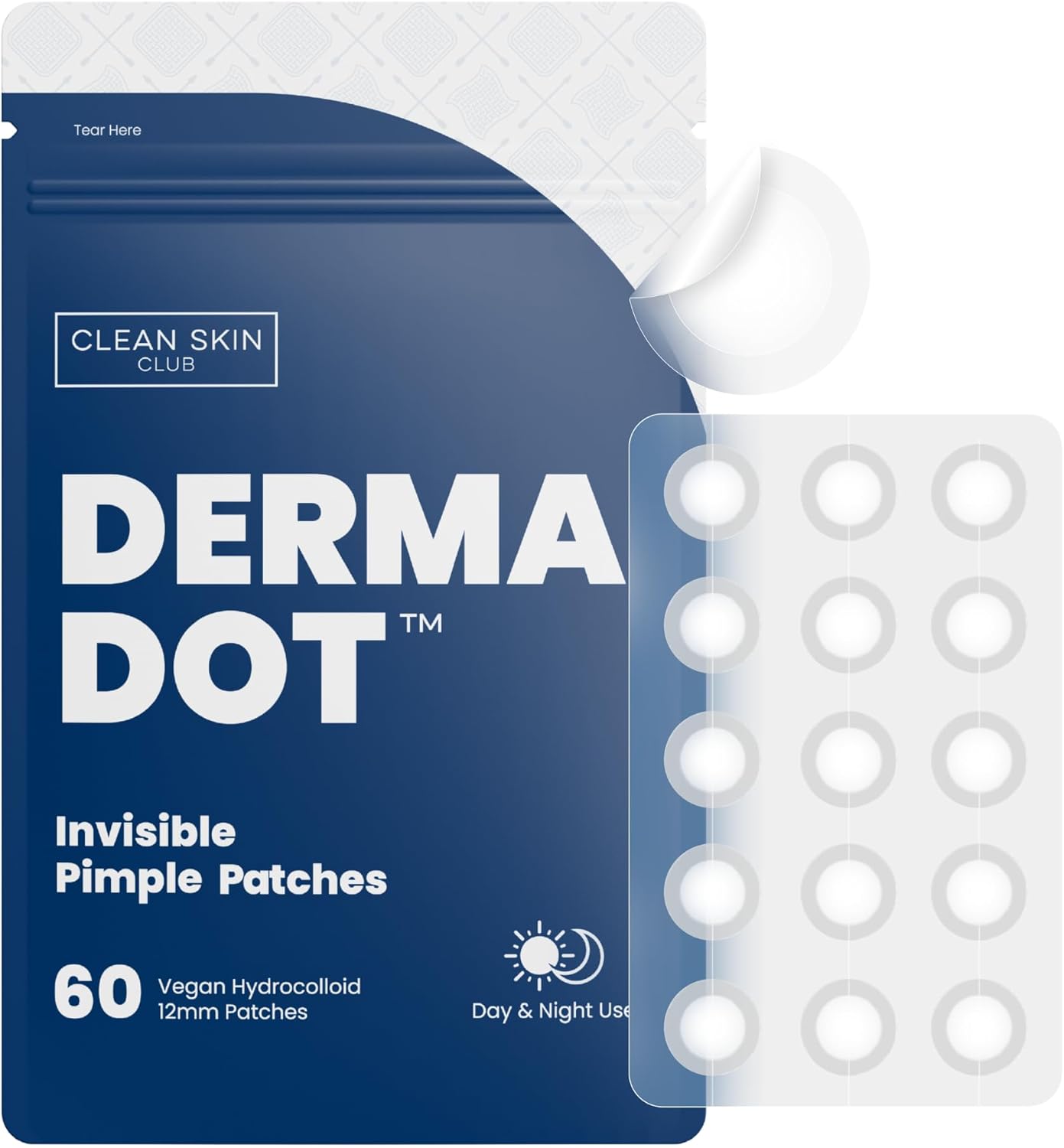 Clean Skin Club 60 onzichtbare veganistische puistjespatches, derma dot hydrocolloïde voor het bedekken van zitjes, acne, mee-eters, onzuiverheden, absorberende gezichtsbedekkingssticker