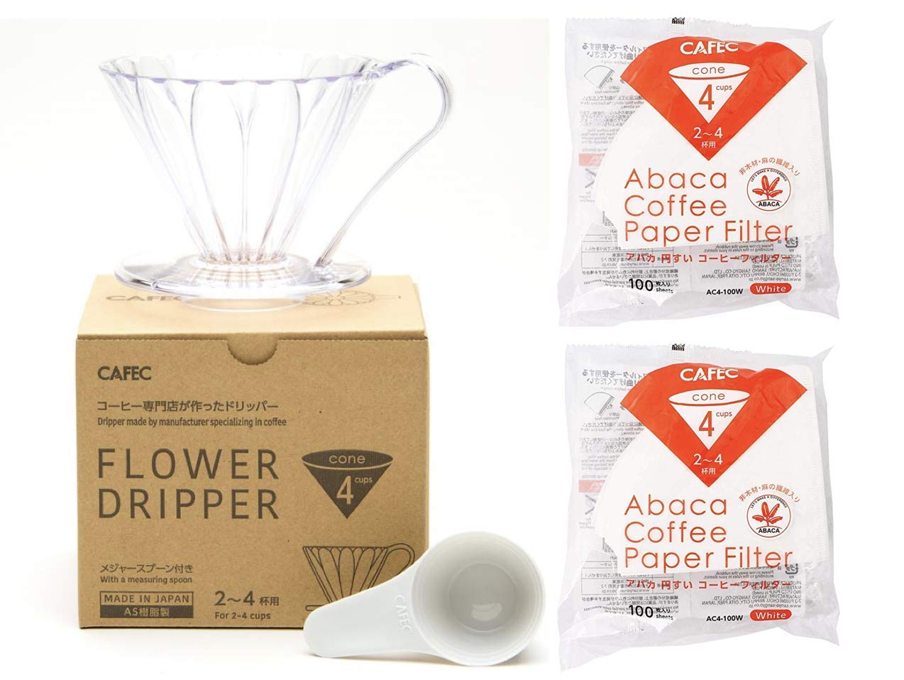 CAFEC Pour Over Starter Kit: Flower Dripper and Two of CAFEC Abaca 100 sheets of cone-shaped V60 02 Style Paper Filters