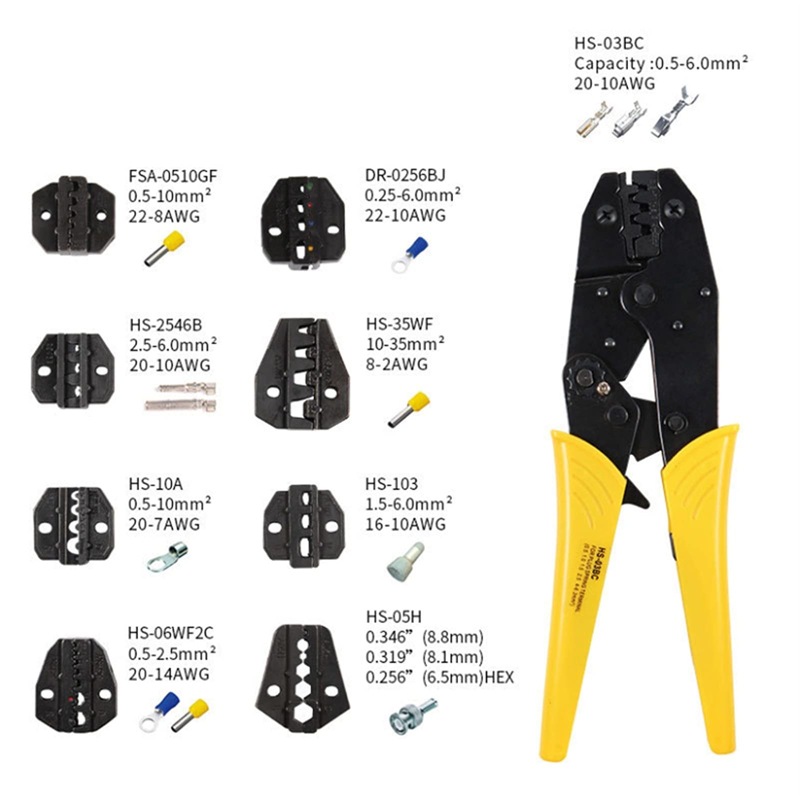 Crimpadora Terminales, Alicates de crimpado HS-03BC Mordaza de alicate de crimpado para terminales de tapa de crimpado de resorte de enchufe de alicates de 230 mm HS-03BC/2546B/103/101 Herramientas d