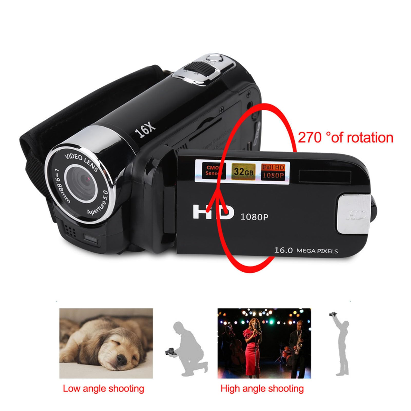 Akozon Videocámara de Mano Cámara Vlogging FHD 16X Zoom Digital, Rotación Full HD 16X Videocámara de Alta Definición Cámara Tragbar DV (Black)