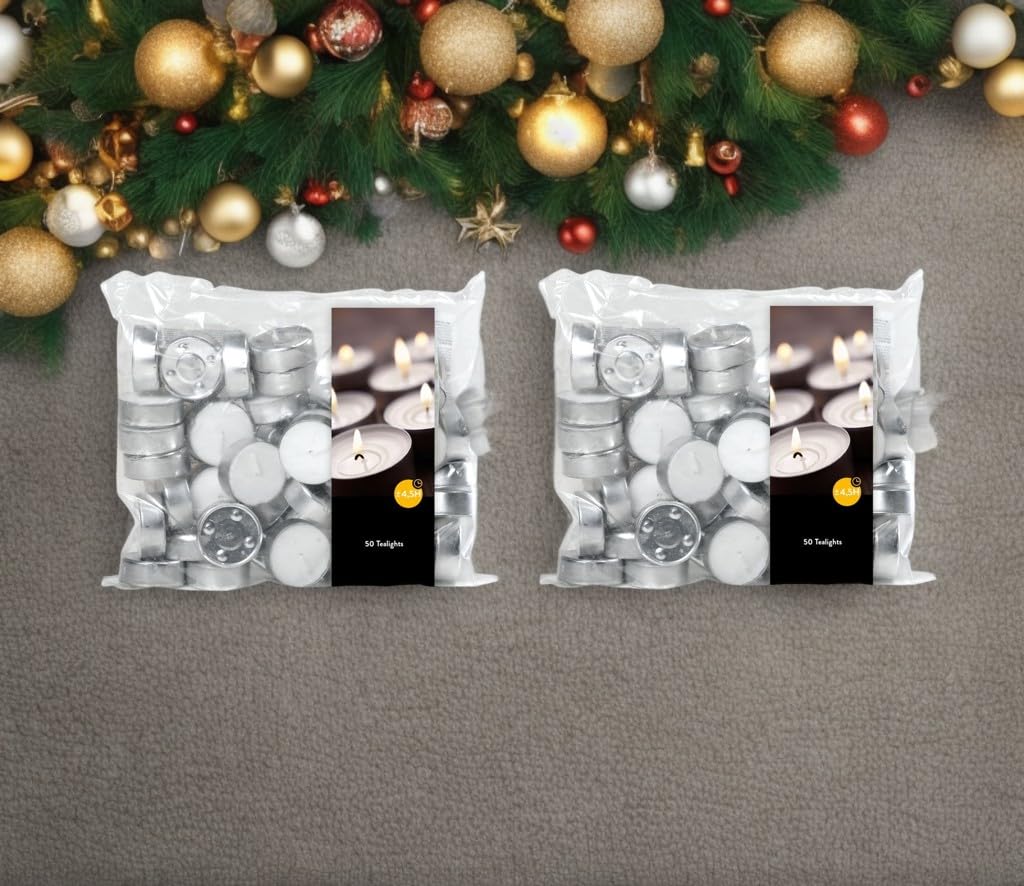 Velas de té (2 paquetes de 50 unidades, 2 bolsas de 100 velas de té), tiempo de combustión: 4,5 horas, sin hollín, para portavelas, vasos de velas, lámparas aromáticas, candelabros y portavelas –