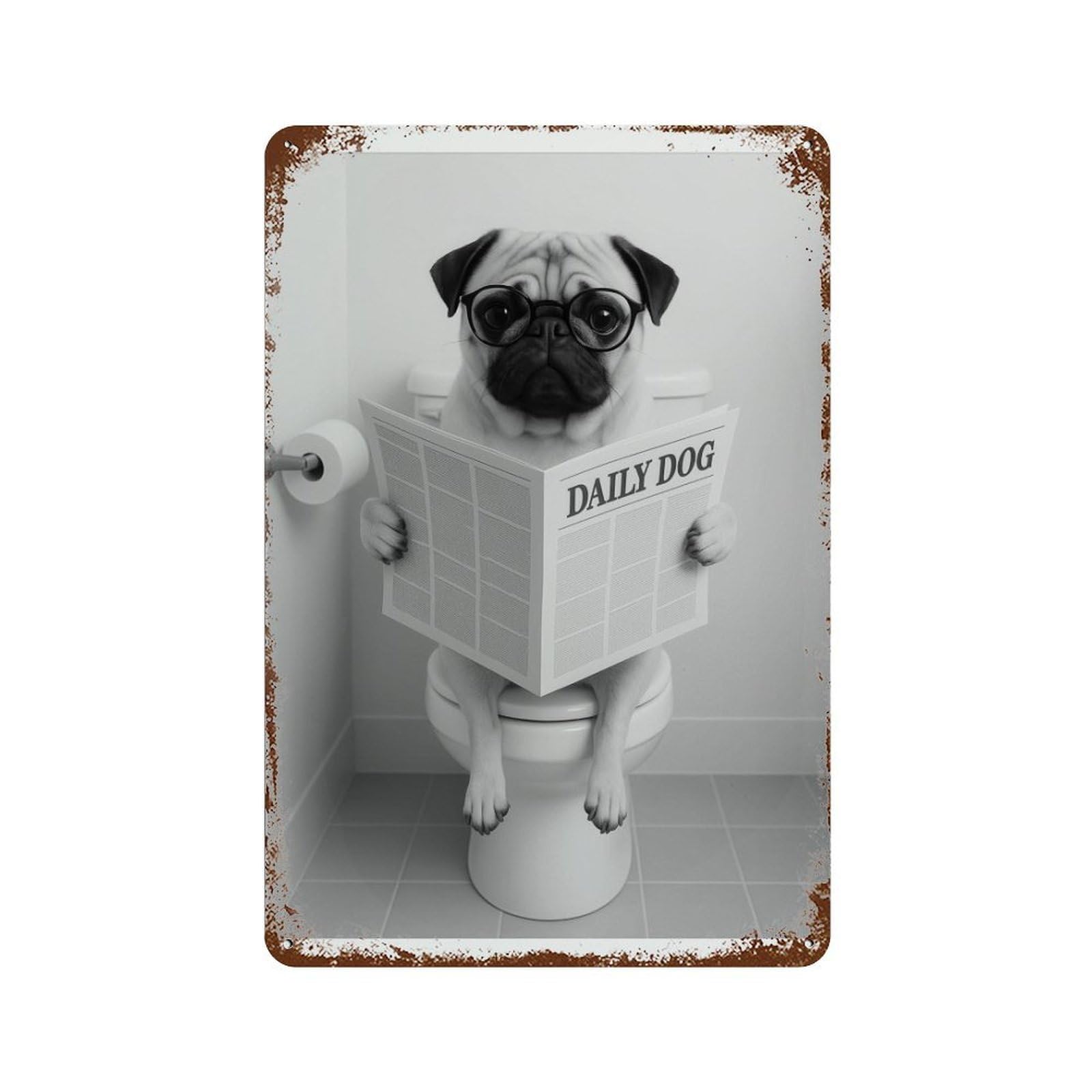 xiaoxiaoshen Pug Dog Bathroom Reading Newspaper, Funny Toilet Wall Decor Art Metal Tin Poster Modern Home Decor Art Home Bar Shop Decorations Vintage Sign 30x20cm