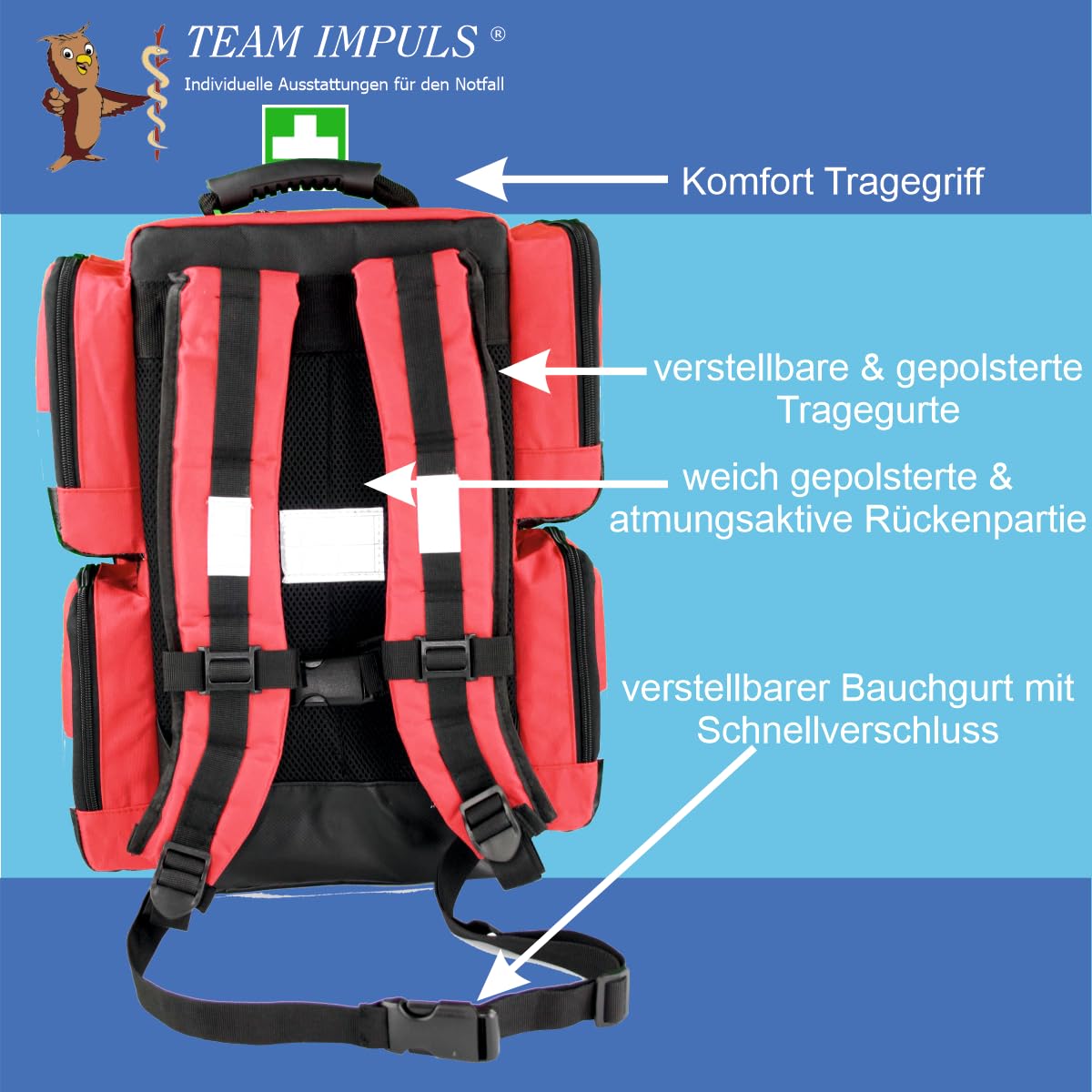 Team Impuls - Notfallrucksack - rot - Nylon - LEER - mit 4 Außentaschen - Gr. M