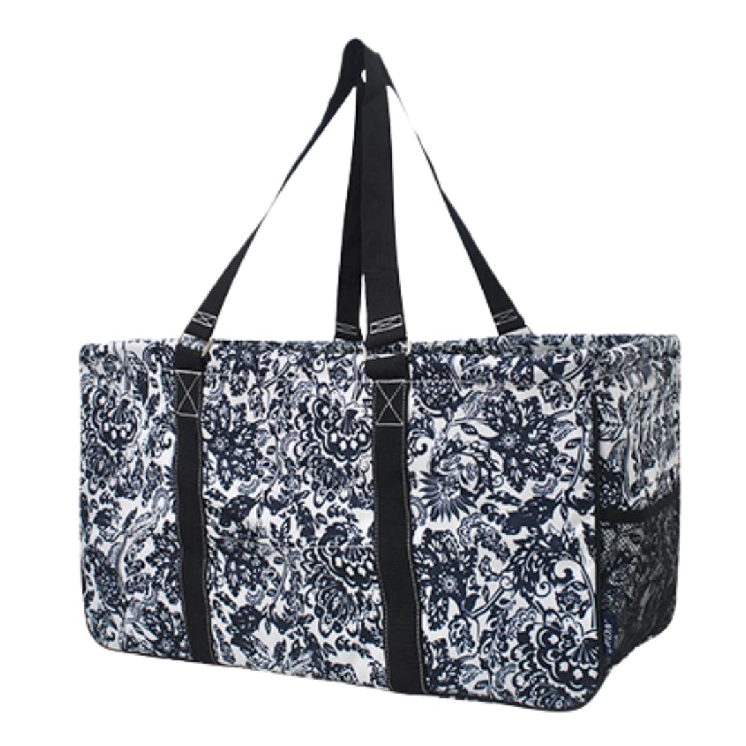 NGIL Extra Large Utility Tote Reusable Grocery Bag Oversized Collapsible for Groceries, Storage, Picnic, Beach (Royal Damask-Black)