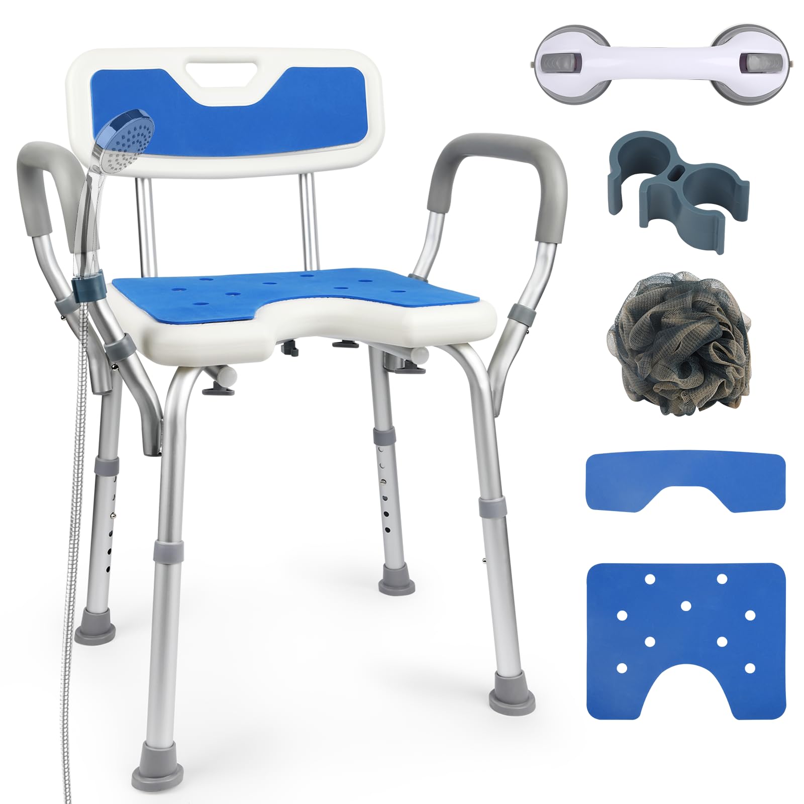 Duschstuhl, Duschhocker für Senioren, rutschfest Duschstuhl mit Armlehnen, Höhenverstellbar Duschstuhl für Senioren Aluminium Duschsitz Tragfähigkeit von 150kg, Duschhilfe für Senioren Blau
