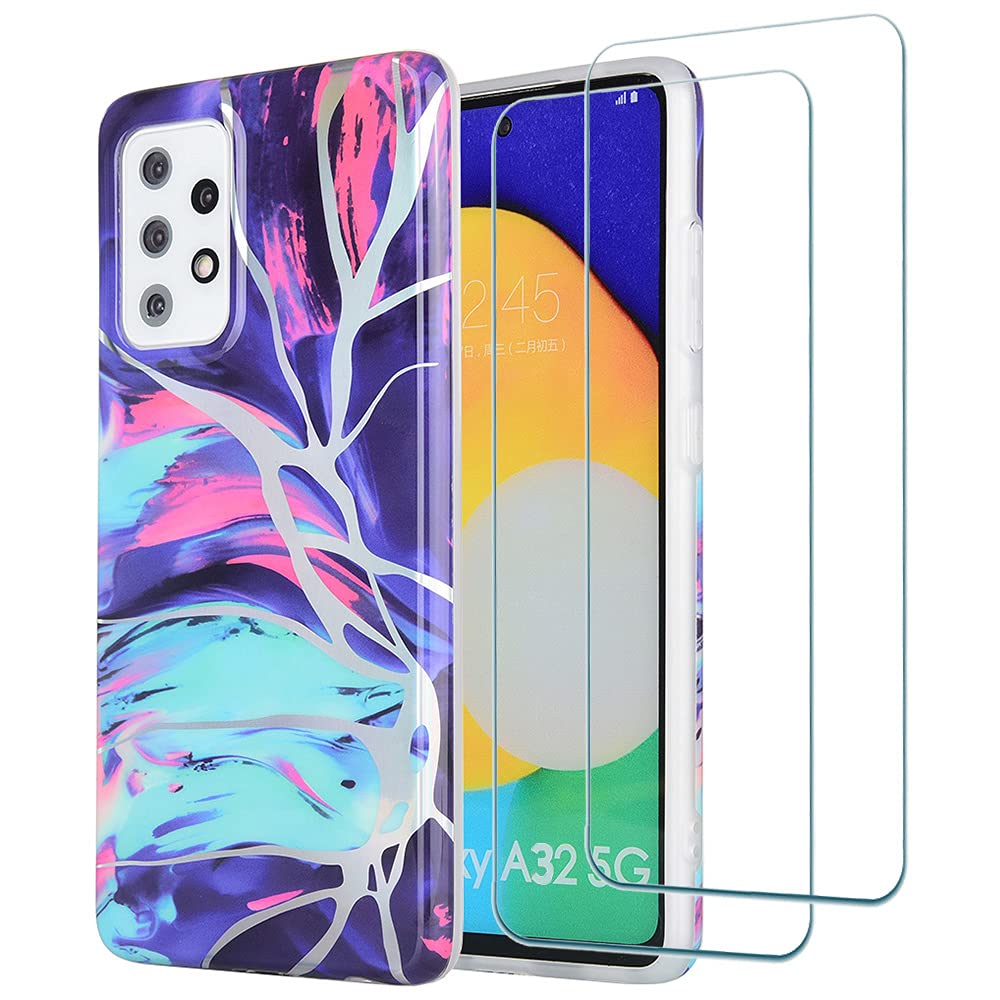 Luxury Samsung Galaxy A32 5G Case +2 Pack Screen Protector, Slim Stylish Soft TPU Silicone Gel Shockproof Protective and Durable Marble Cases Cover (Blue)