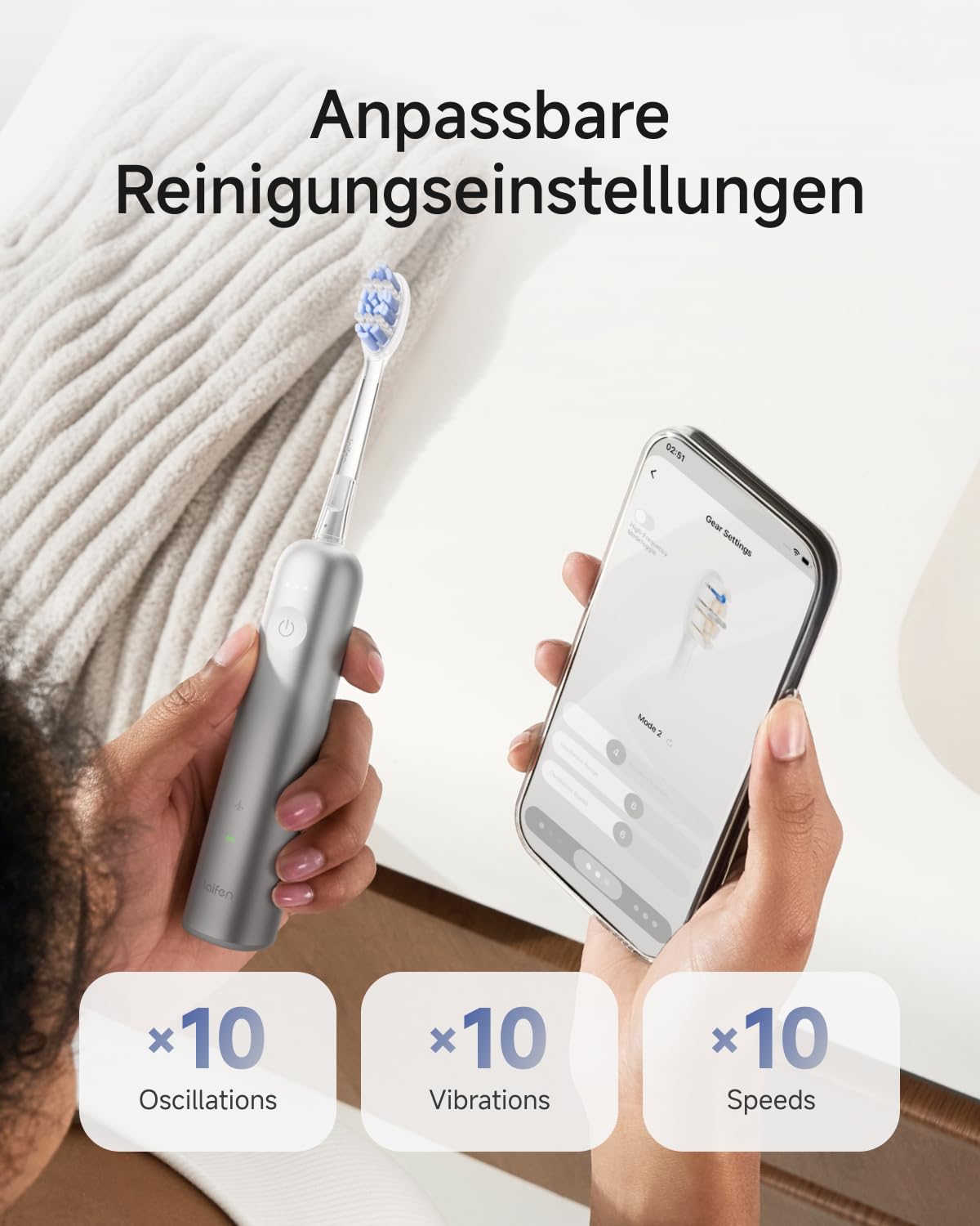 Laifen Wave Pro Elektrische Zahnbürste, 60° WaveMotion, Alu Silber | 13x Plaque-Entfernung, 66.000 Vpm, 70 Tage Akku, smarter Drucksensor, App-Steuerung, 2 Modi, 3 Stufen, IPX8, 2 Pro-Köpfe