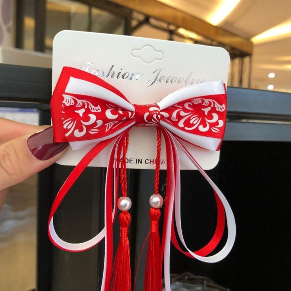 2 pcs Soft Silky Bow Hair Clips Chinese Hanfu Bow Alligator Clips Hair Barrettes Sweet Hair Accessories with Ribbon Tassel for Women and Girls(red)