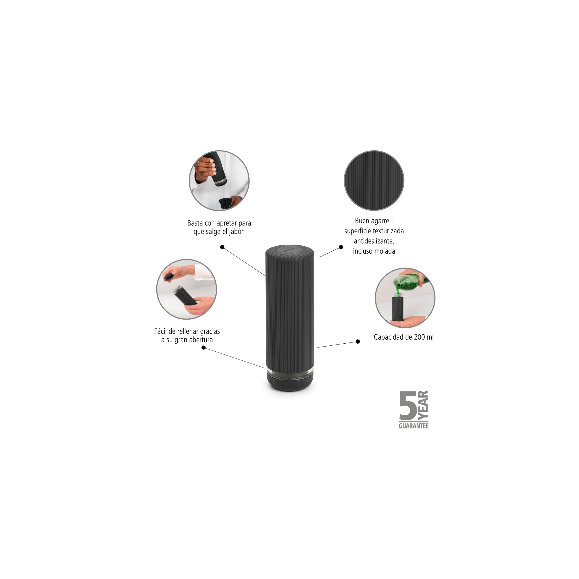 Brabantia - Exprimidor de jabón SinkStyle - Dispensador de cocina antigoteo para lavavajillas - Accesorios con recambio fácil, superficie texturizada antideslizante - Dark Grey, 200 ml