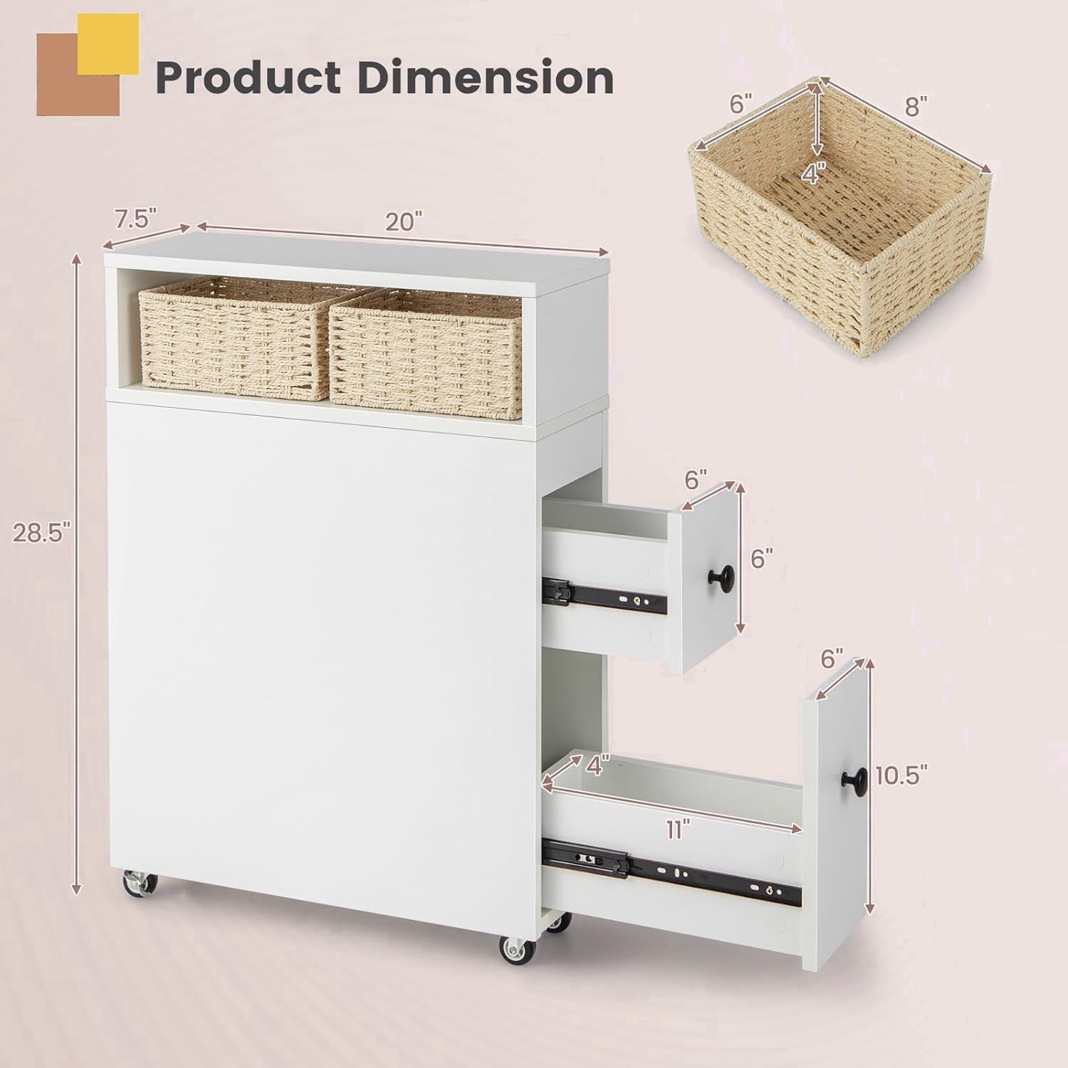 FUATDA Slim Bathroom Storage Cabinet, Narrow Side Bathroom Organizer with Wheels, 2 Slide Out Drawers, 2 Baskets, Rolling Narrow Toilet Side Cabinet for Small Space Bathroom Living Room Bedroom, White