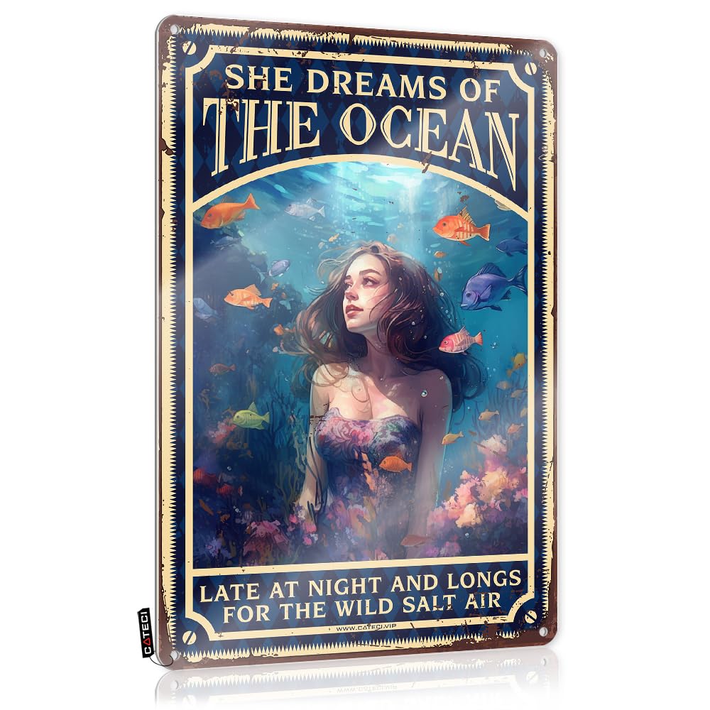 MWFKKADDB Decaor Sign She Dreams Of The Ocean Tin Sign Design Wall For Quiltershippie Decor For Homegarden Artkitchen Witch Tin Signs Warning Funnymetal Sign(30X40CM)