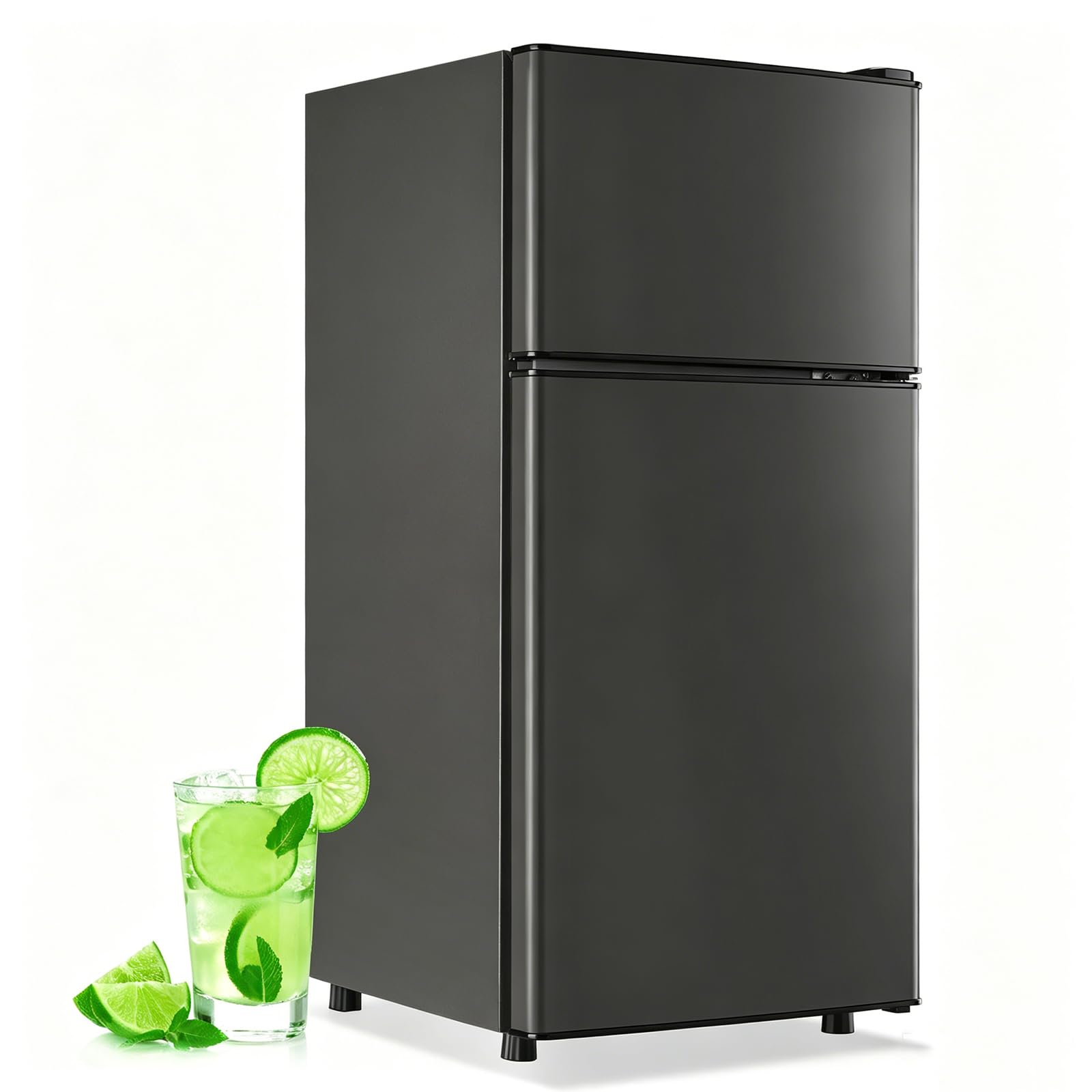 DEMULLER 45L Personal Double‑Door Mini Fridge With Freezer, Dark Gray