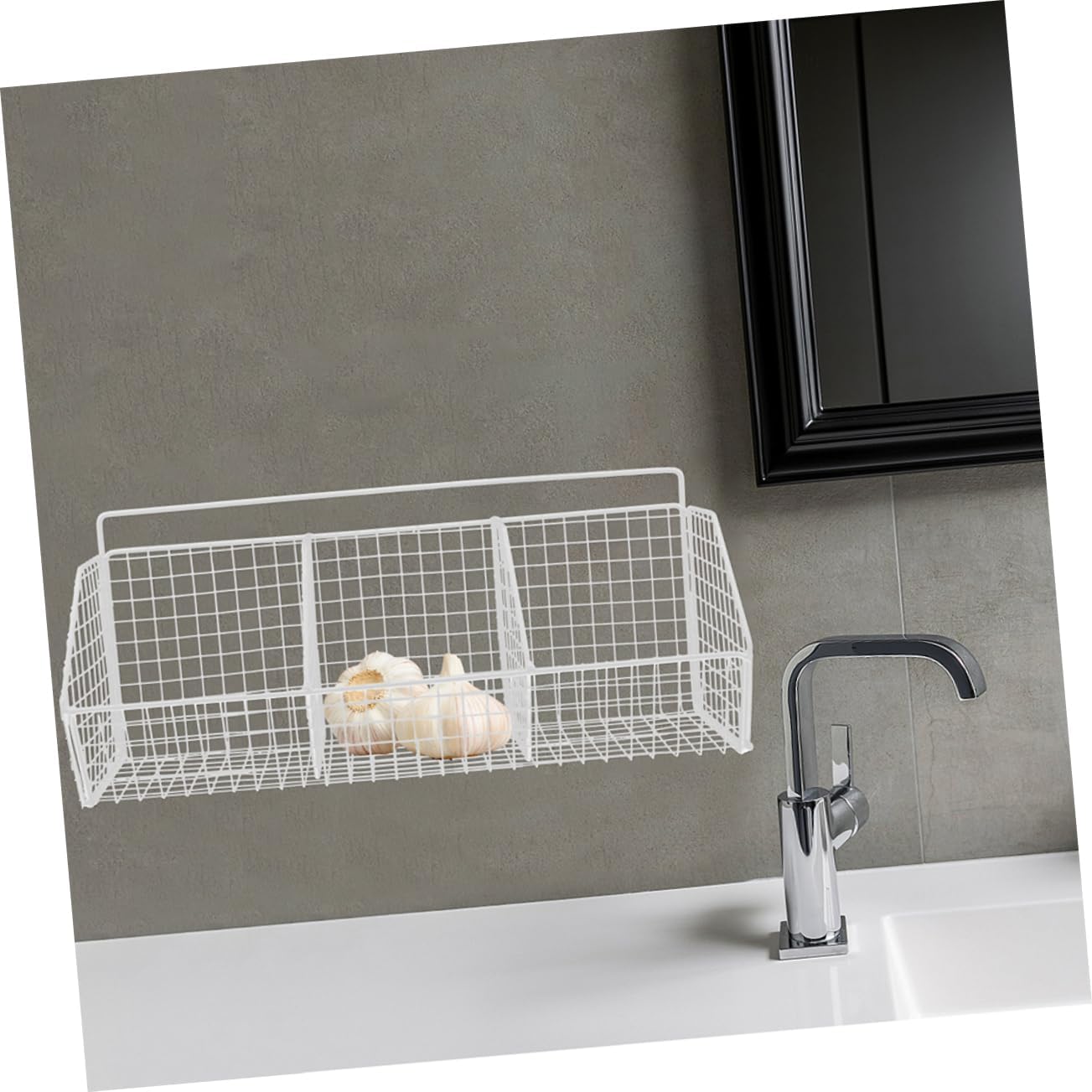 2pcs Wall Hanging Storage Basket with Compartment Mesh Design for Kitchen Organization Air Circulation Vegetable and Fruit Holder Space Saving White Kitchen Rack