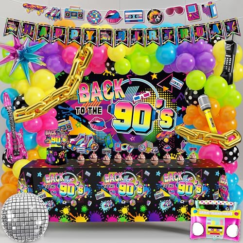 Image of Fayoo 90s Party Decorations 80s Disco Theme Birthday Party Supplies Kit | Includes Back to the 90's Backdrop, Tablecloth, Happy Birthday Banner, 90s Balloon Arch Kit, Cake Toppers