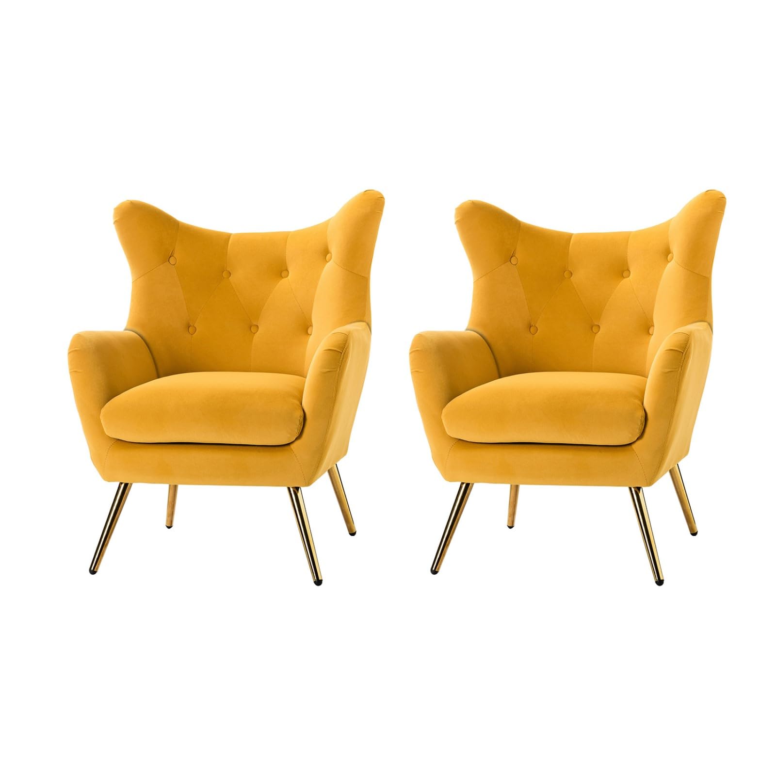 HULALA HOME Sessel gemütlich Ohrensessel gepolstert mit goldenen Metallbeinen Lesesessel bequem Loungesessel aus Samt für Wohnzimmer Schlafzimmer 2er Set, Gelb