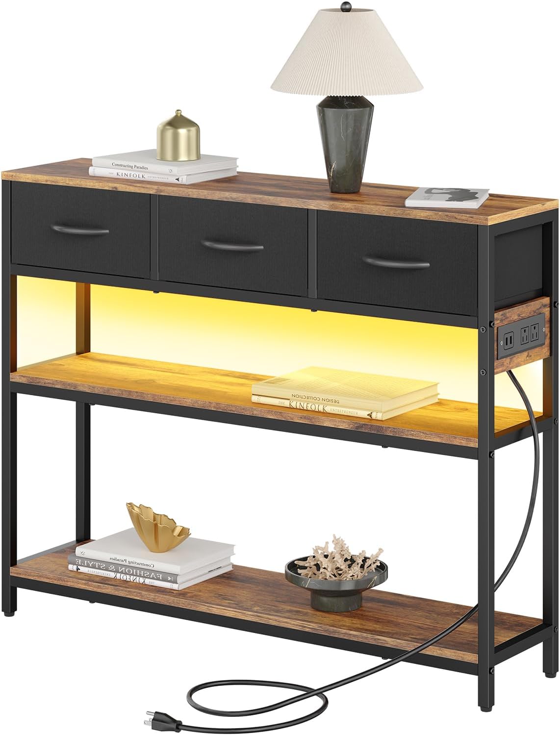 39.5 inch Entryway Table with Power Outlets, Console Table with 3 Drawers and 2-Tier Shelves, Sofa Table, Entry Table for Hallway, Foyer, Living Room, Rustic Brown