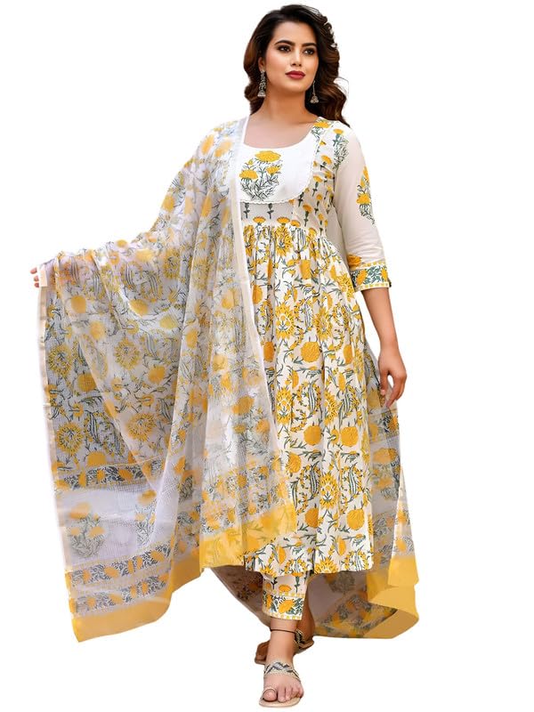 Women’s Cotton Printed Yellow Kurta Set with Dupatta | Casual | Office | Regular Wear | Soft | Breathable Cotton-picture-10