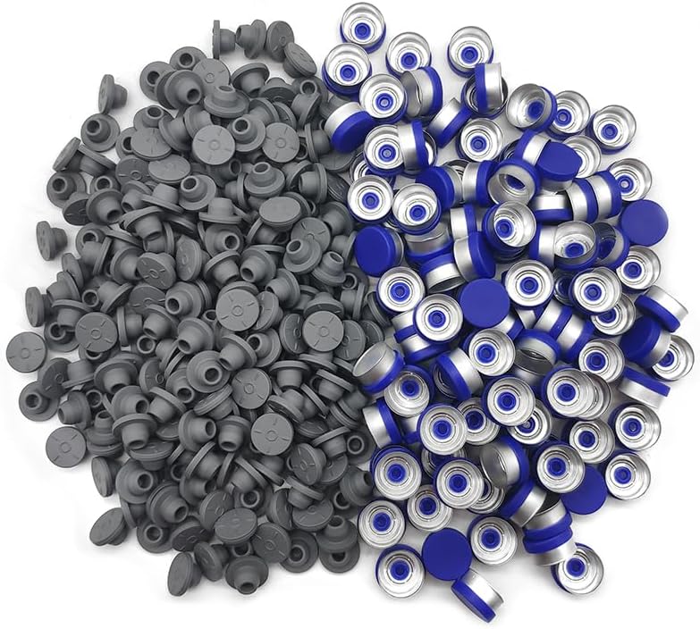 1000pcs Butyl Rubber Stopper Plug 13mm，Self Healing Injection Ports Solid Seal and 1000pcs Aluminum FILP Off Cap for Glass Bottle Vials
