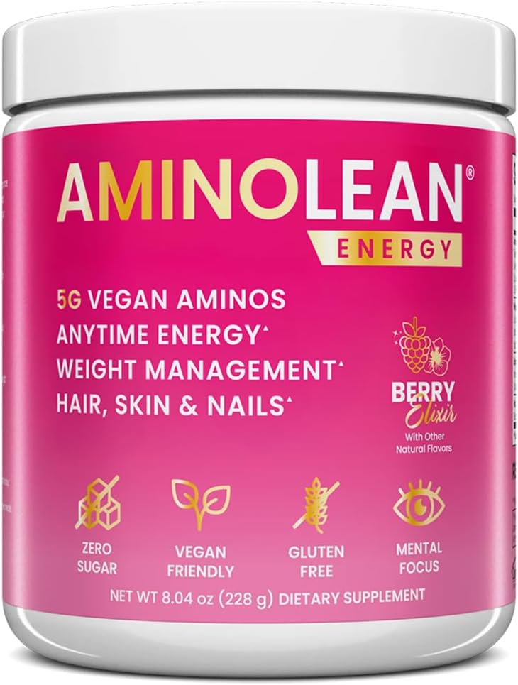 AminoLean Pre Workout, Clean Energy with No Jitters, Tingles or Crash, Vegan Friendly with Added Biotin for Hair, Skin, Nails, Berry Elixir, 30 Servings