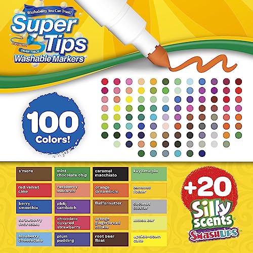 Image of Crayola Super Tips & Silly Scents Washable Marker Set (120ct), Bulk Colored Markers for Coloring Books, Fine Tip, Conical, Water-Based Ink, Ideal for Kids' Art Projects, Gifts