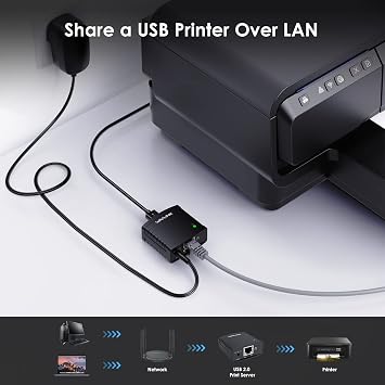 USB 2.0 Network Print Server, WAVLINK LAN Print Share Server for USB Printers, LPR Print Protocol 10/100Mbps Computer Print Server Adapter for Windows, MacOS 10.7 or above, No Driver Required