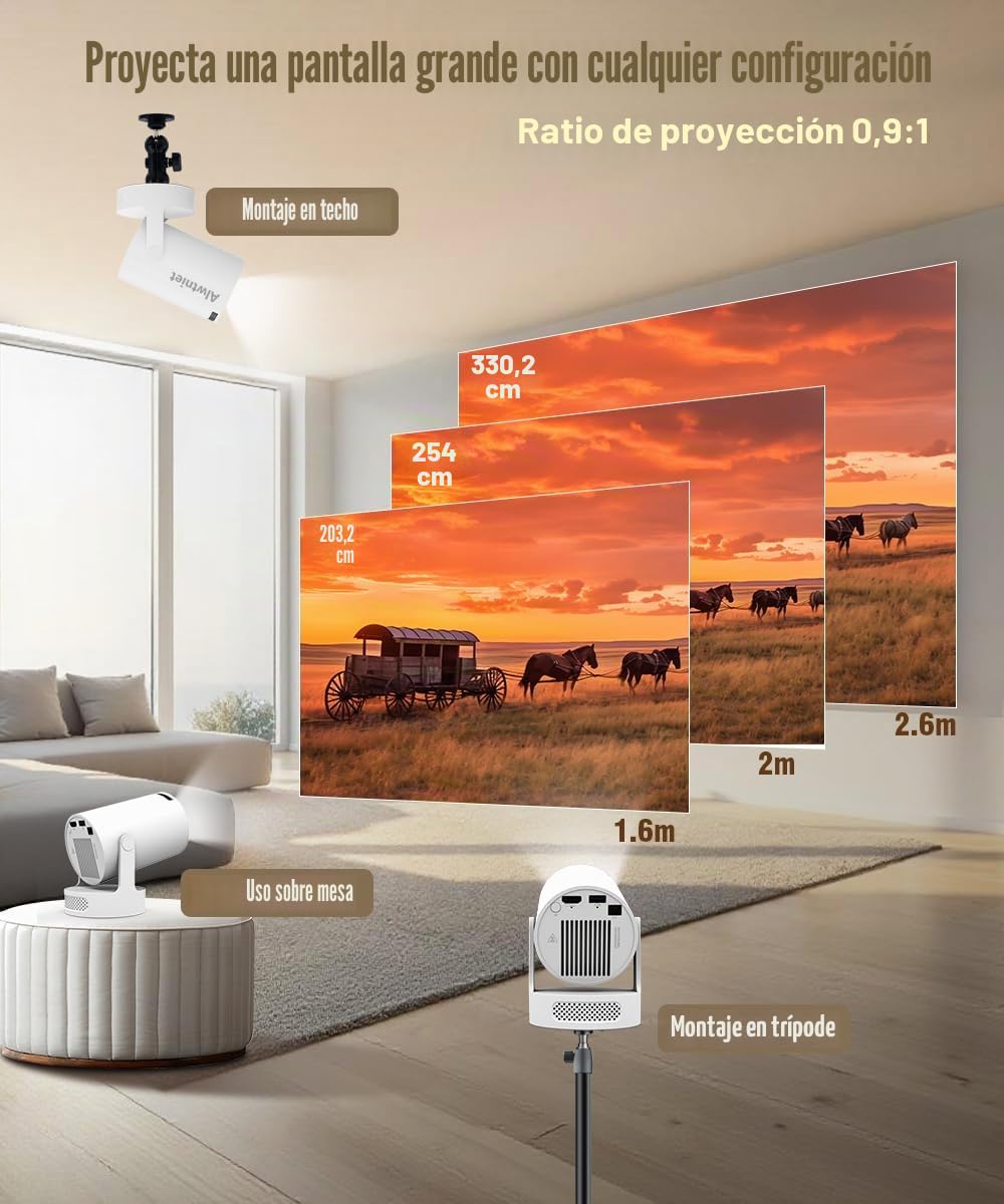 Mini Proyector HY300Pro+, Proyector Portátil Android, Wi-Fi 6 y Bluetooth 5.4, Altavoz de 5W, Corrección Trapezoidal Vertical Automática, Rotación de 180°
