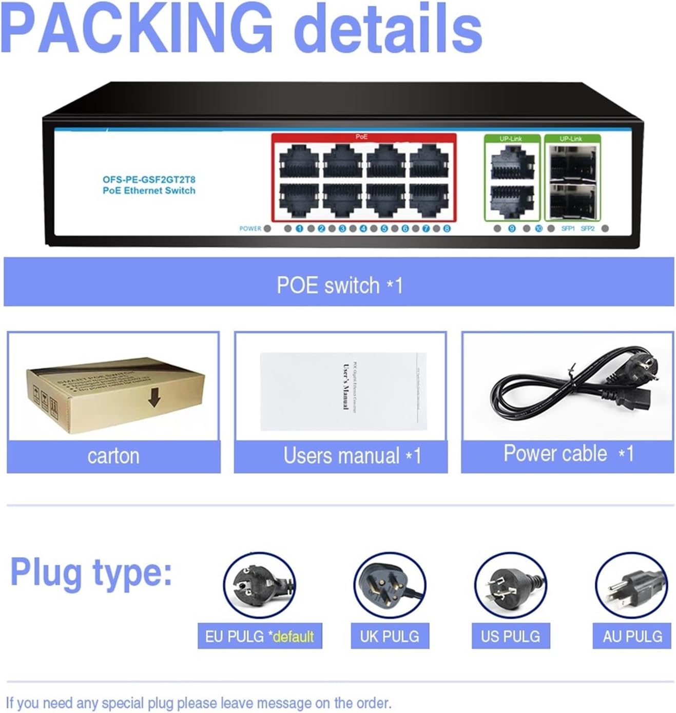 120W 8 Gigabit POE+2 RJ45+2 SFP Gigabit Fiber Durable PoE+ SFP Fibra 8 Poe 48v Gigabit Switch(10RJ45 EU Plug)