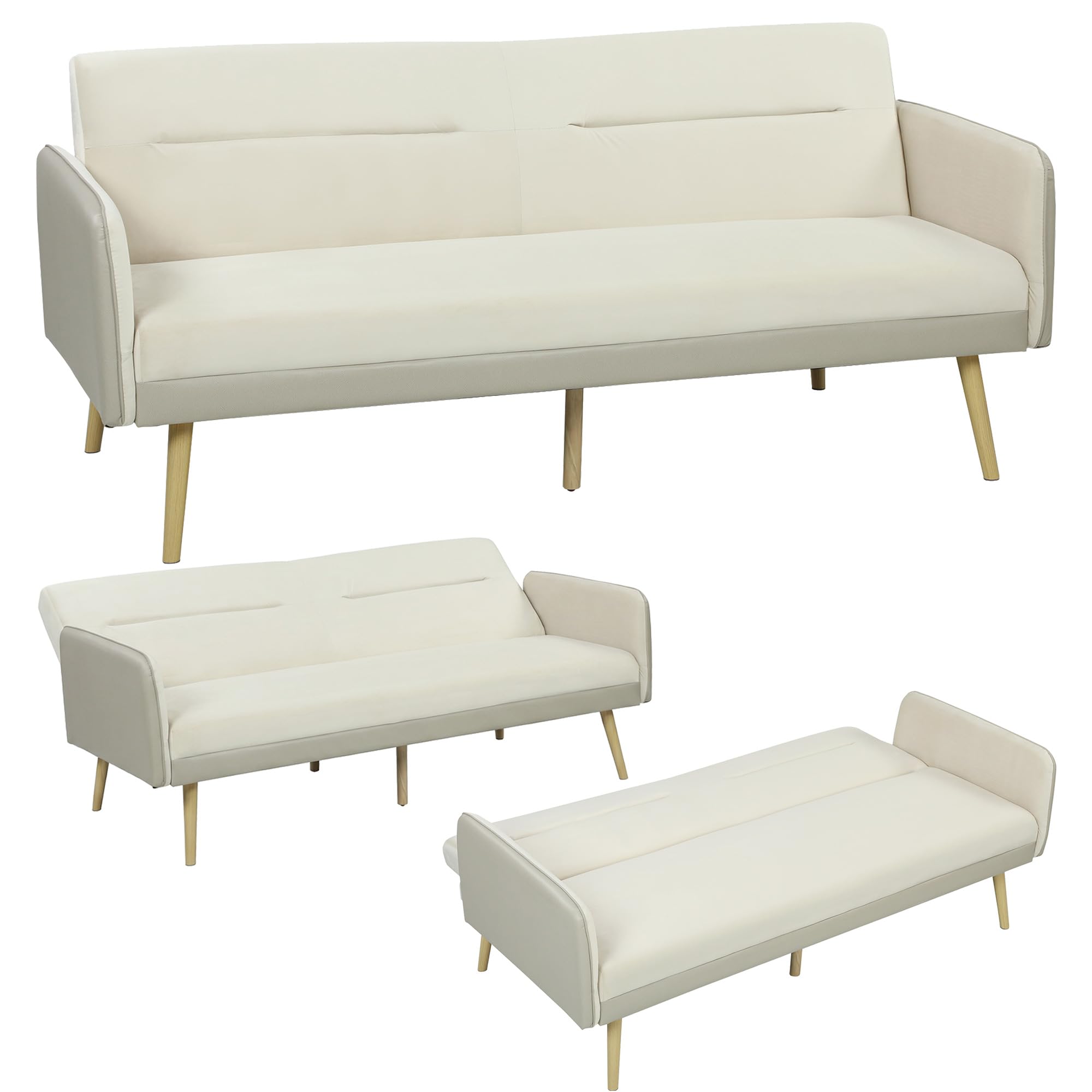 HOMCOM Divano Letto 3 Posti Convertibile con Braccioli in PU, Divanetto Reclinabile Trasformabile Clic Clac in Velluto con Gambe in Metallo, Struttura in Legno per Salotto, Camera, 185x84x83 cm, Beige