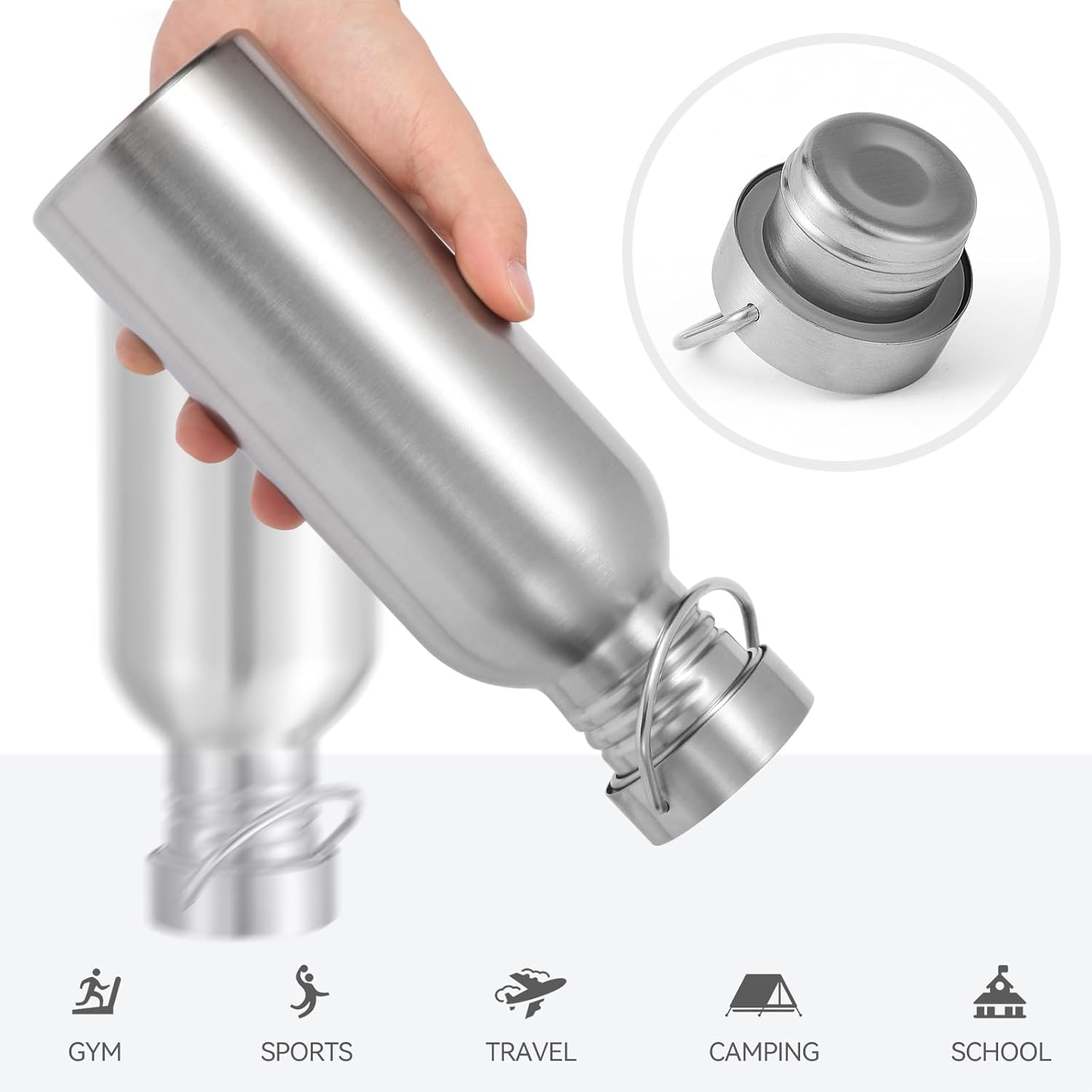 Volhoply 22oz Uninsulated Single Walled Water Bottle, Stainless Steel Reusable Water Bottles with Handle, BPA Free & Plastic Free 18/8 304 Metal Water Bottles for Camping, Hikers, Cyclists - Image 5