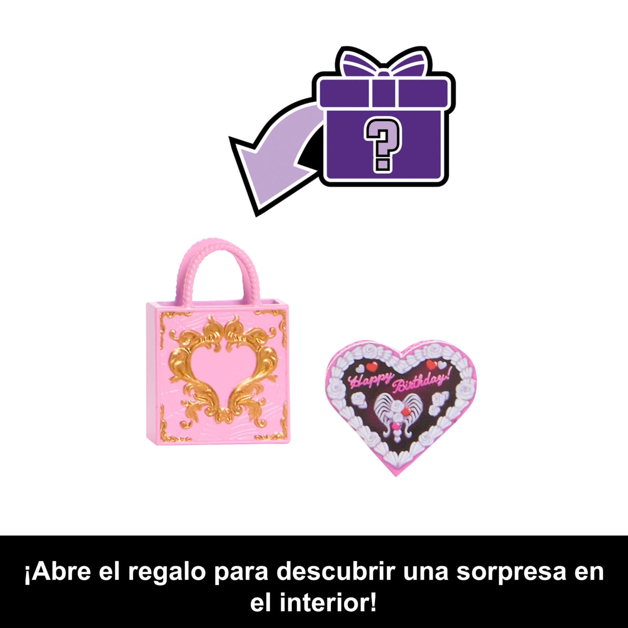 Monster High Cumplespantos Cupid Asteria Muñeca con vestido de fiesta rosa y rojo, y accesorios temáticos como una invitación, un globo, un regalo, un abanico y mucho más, JBG77
